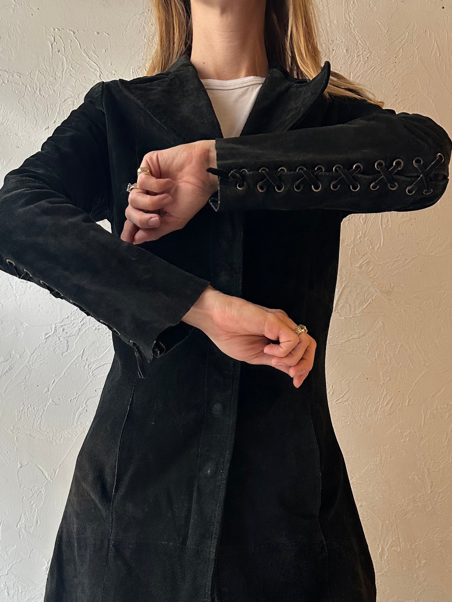 'La Mode Super' Black Suede Trench Coat / Small