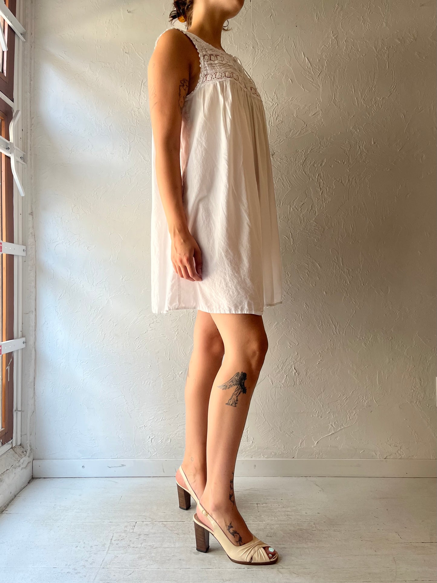 Vintage 'Eileen West' White Lace Cotton Mini Dress / Medium