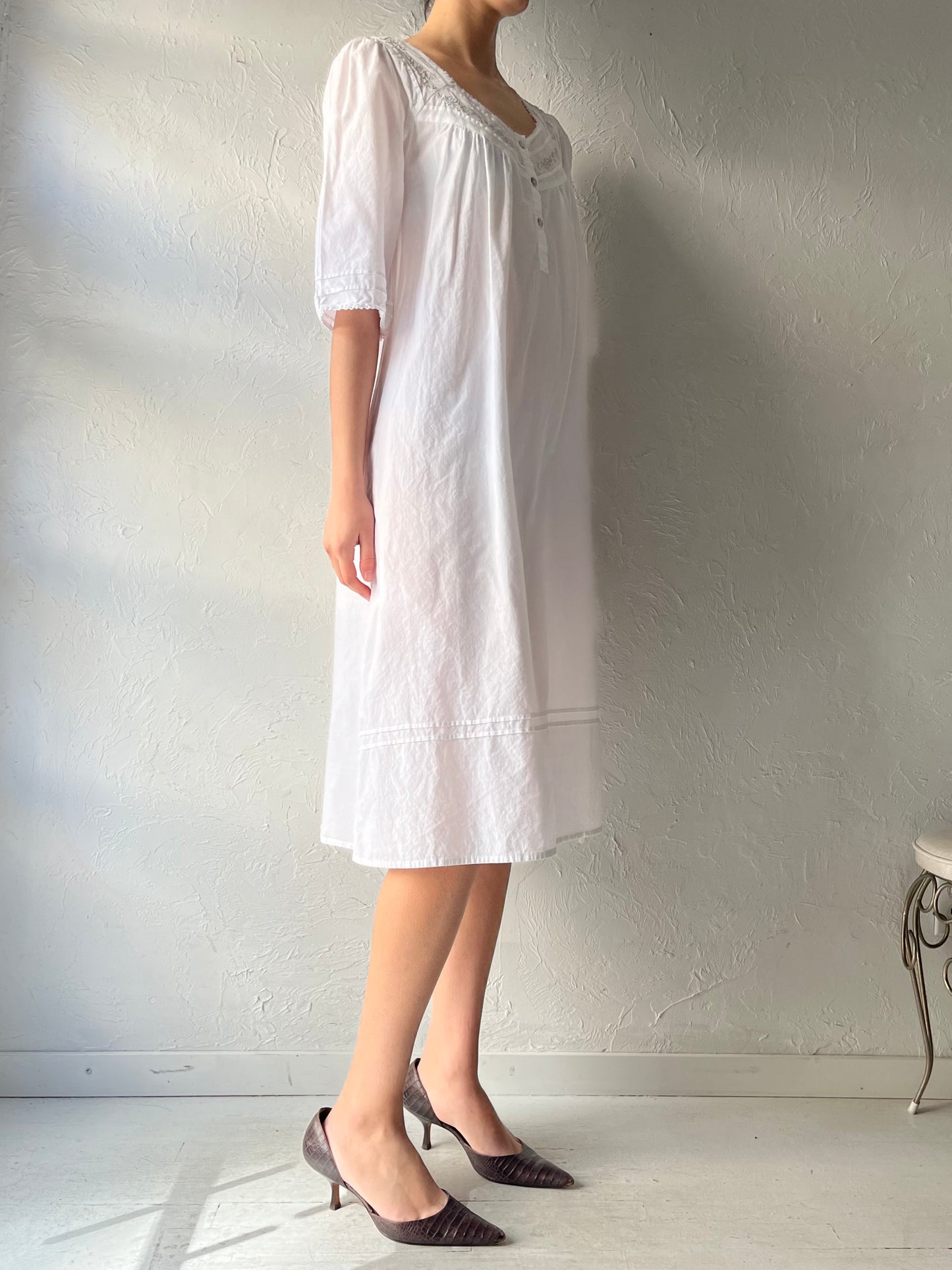 Y2k 'Victoriana' White Cotton Summer Night Gown / Vintage 2000s Cottagecore Nighty Midi Dress / Small