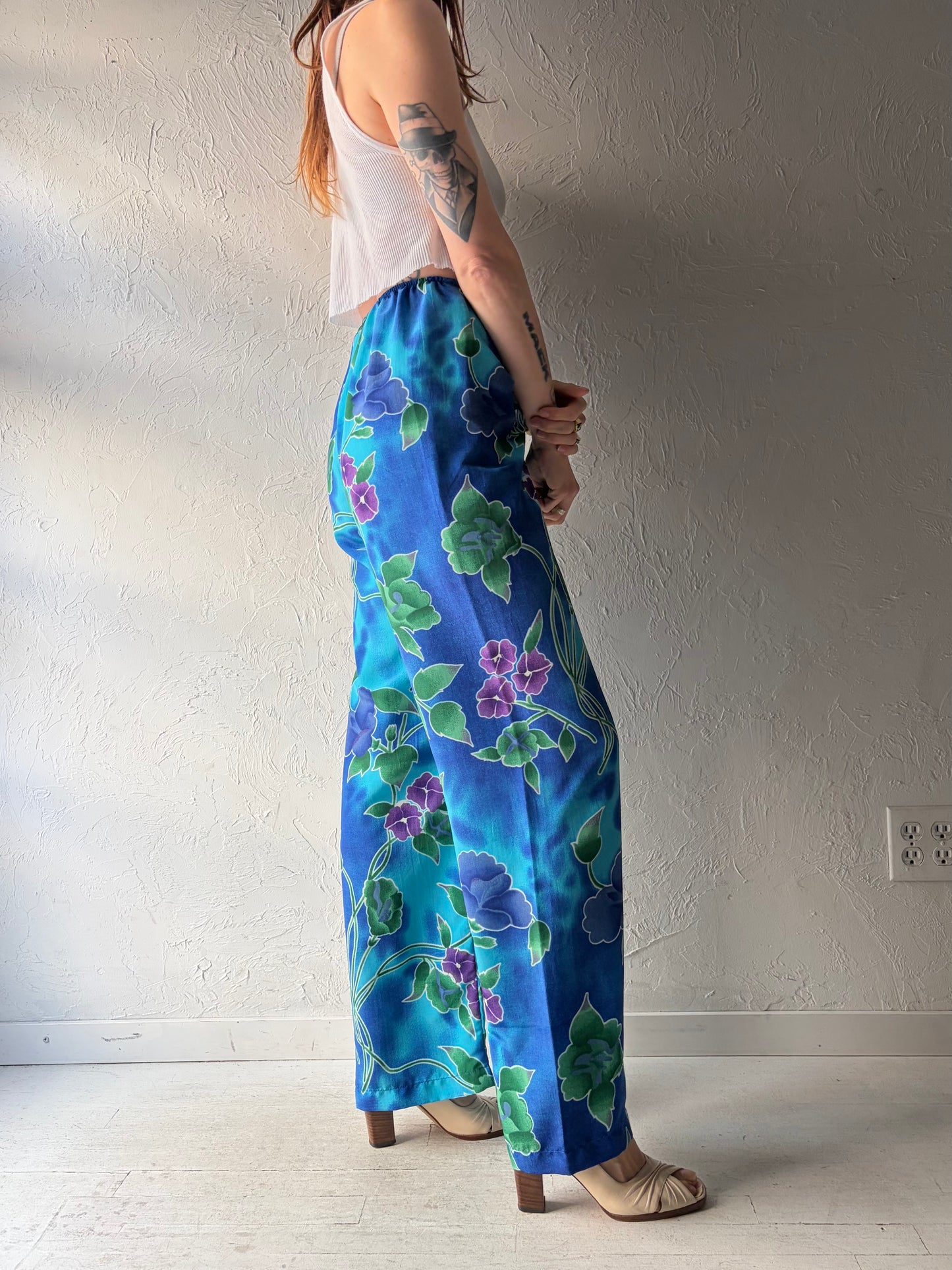 90s 'Jessica' Blue Floral Beach Pants / Medium