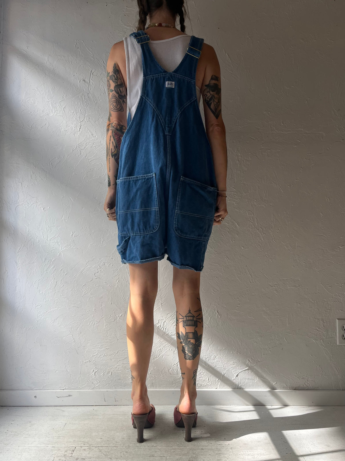 Y2k 'Liberty' Blue Cotton Denim Dungarees Workwear Grunge Overall Shorts / XLarge