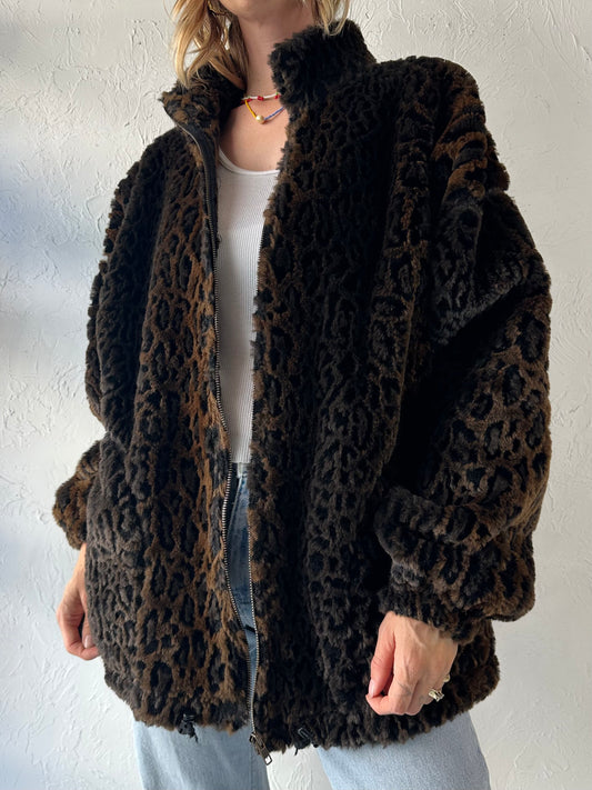 90s 'Ezze Wear' Leopard Print Fuzzy Faux Fur Jacket / Medium