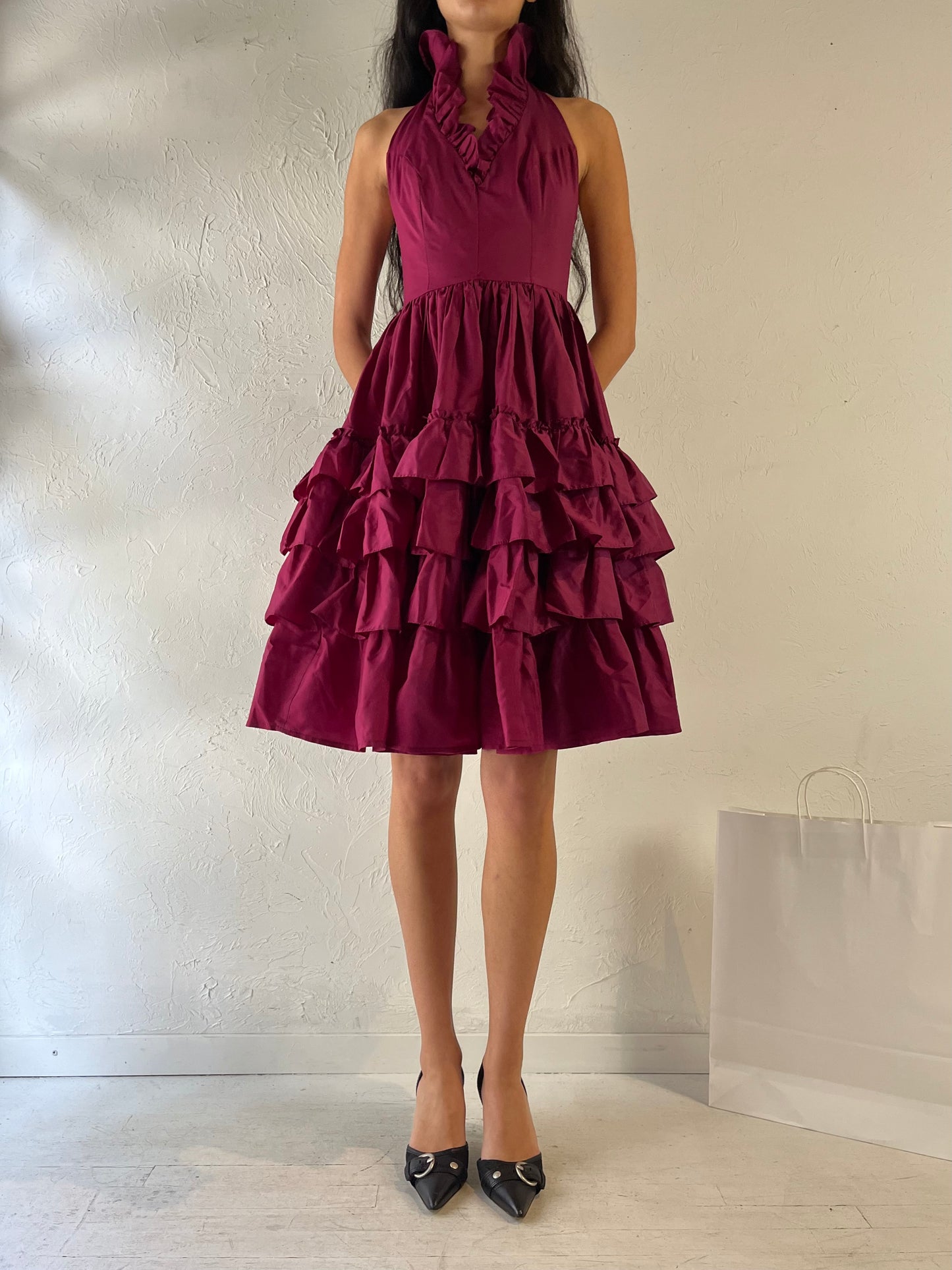 90s 'By Night' Plum Halter Ruffle Dress / Small