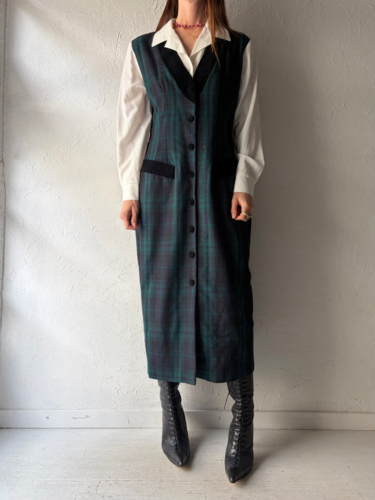 80s 'Jessica' Plaid Academia Tailored Maxi Dress / Vintage 1980s Mod Office Wear Dress / Medium