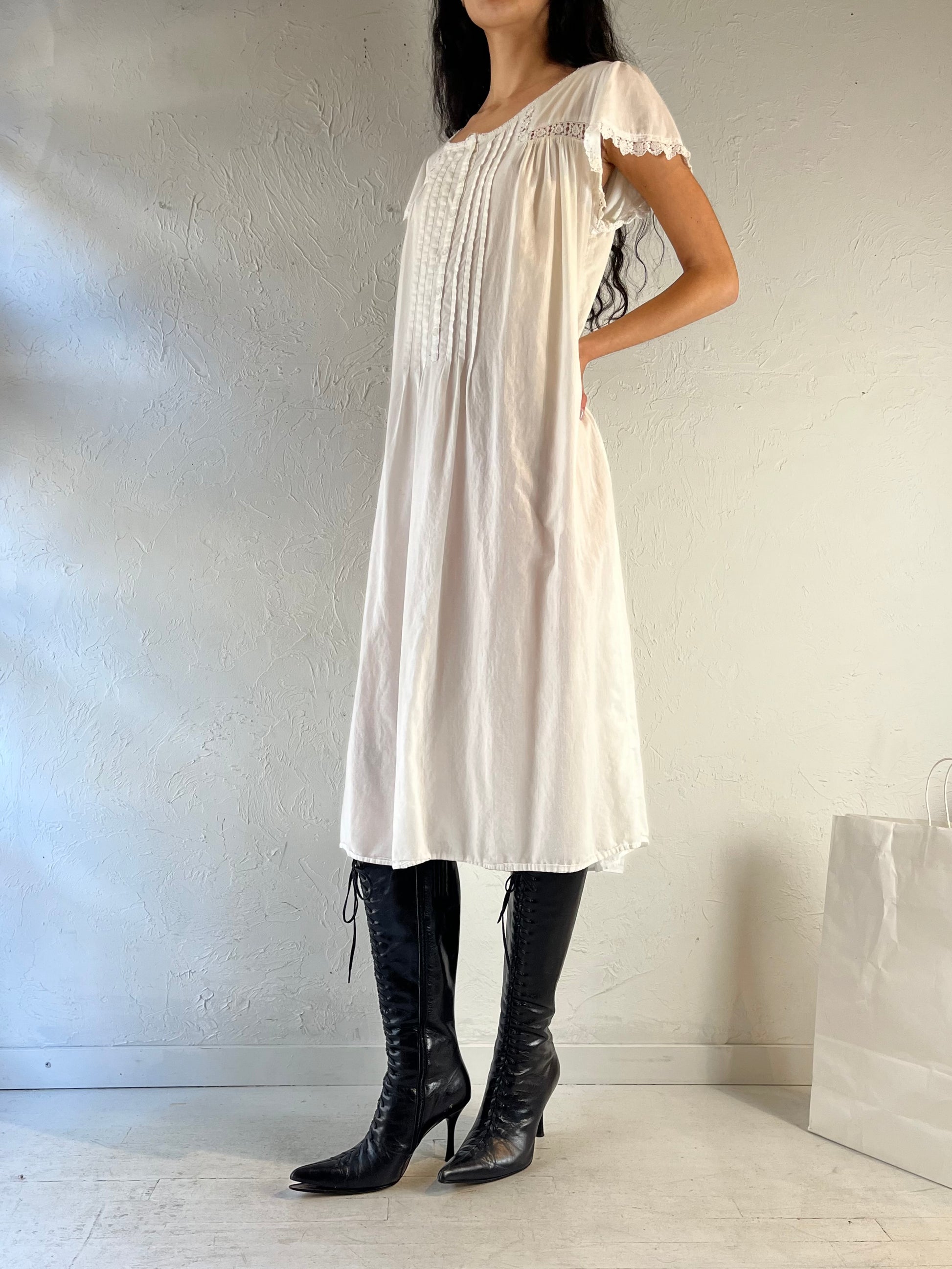 90s ‘Victorian Classics’ White Cotton Midi Dress / Large