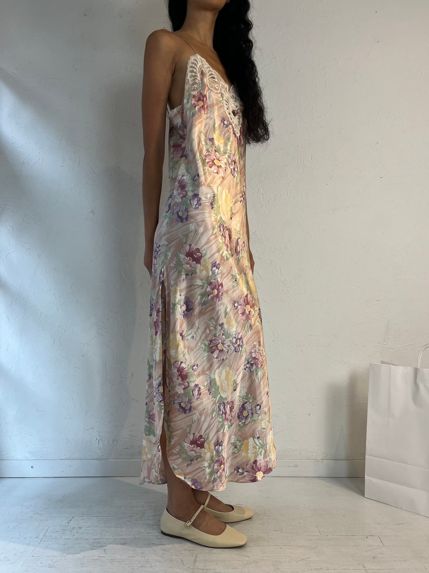 90s 'California Dynasty' Floral Slip Dress / Medium