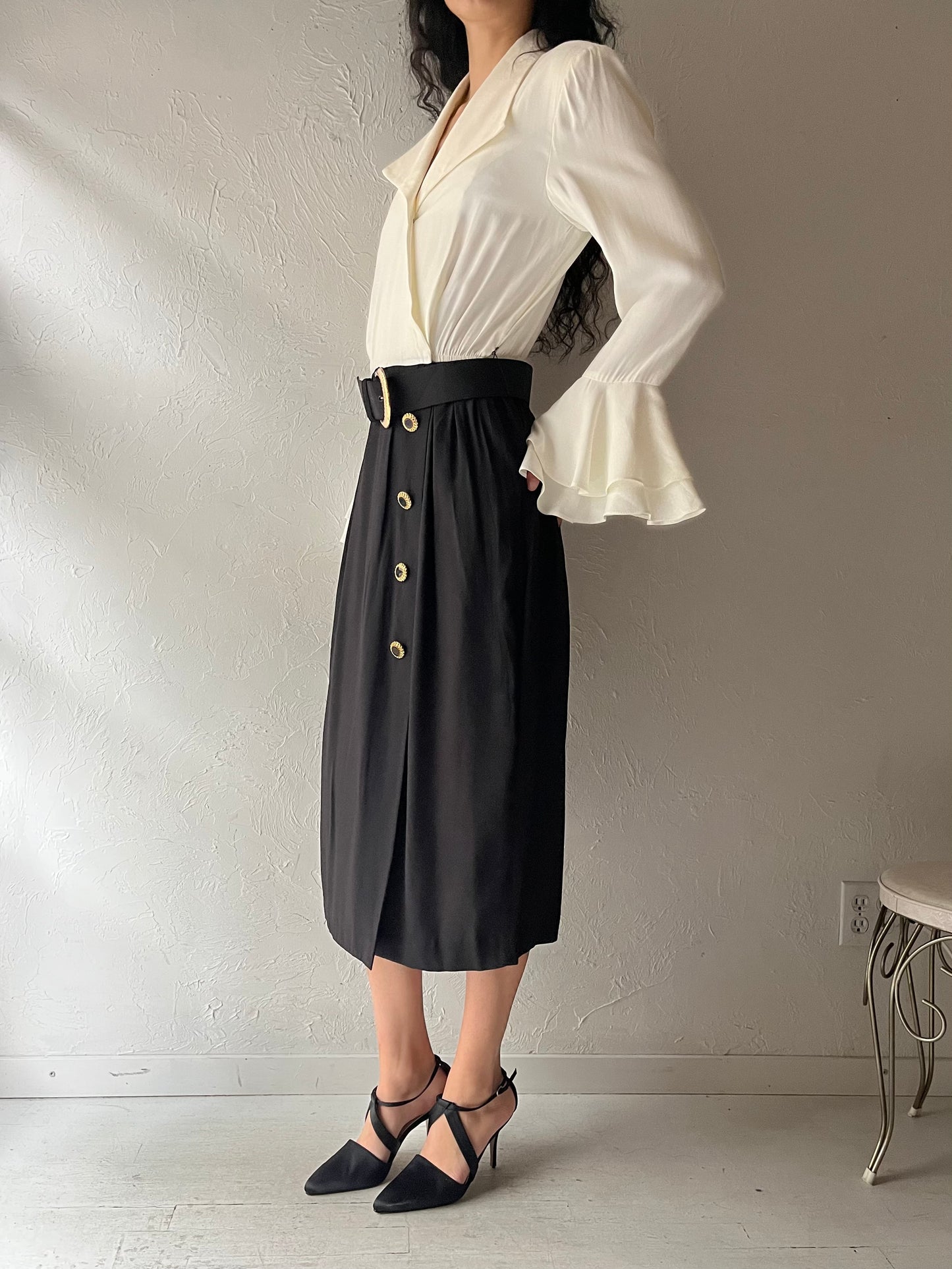 80s 'Leslie Fay' Long Sleeve Midi Dress / Medium