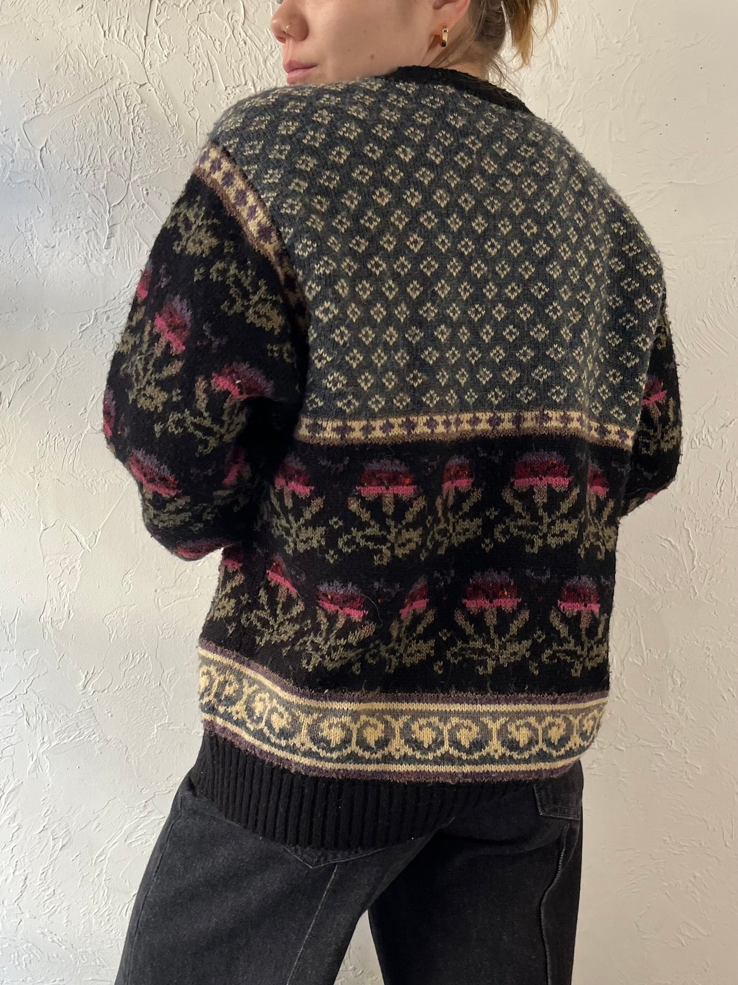 70s ‘Import Workshop’ Floral Knit Cardigan / Medium