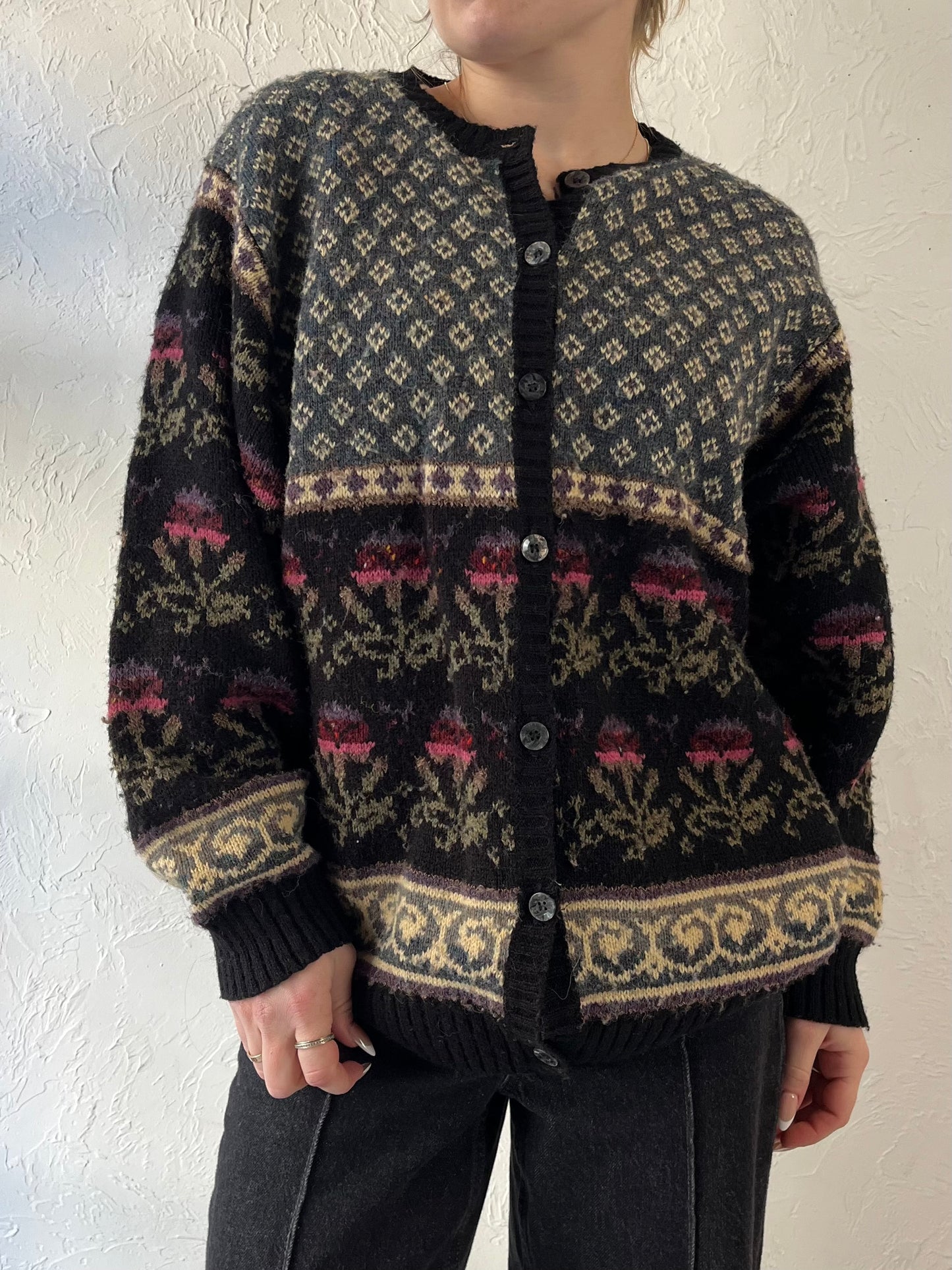 70s ‘Import Workshop’ Floral Knit Cardigan / Medium