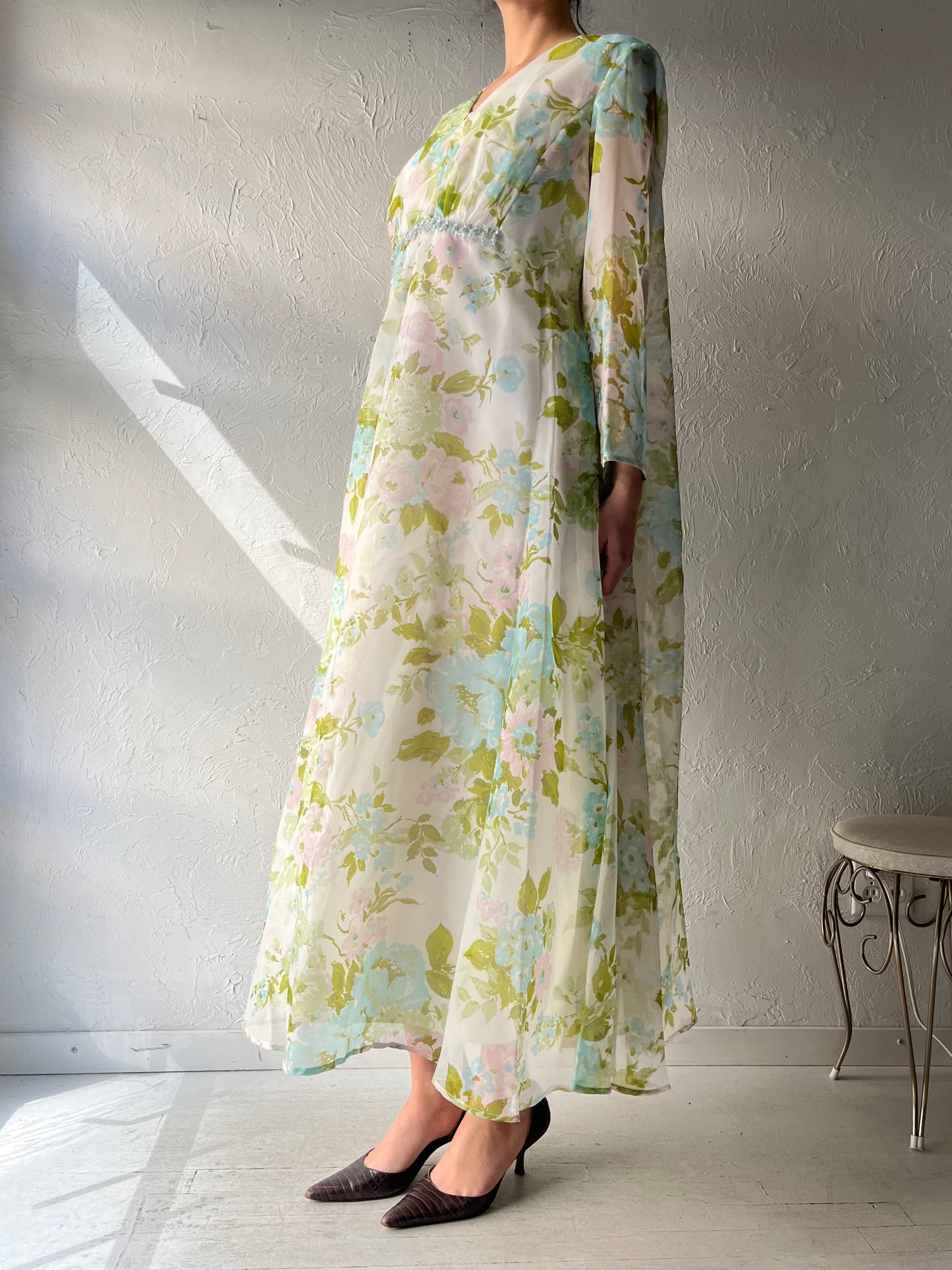 70s Vintage Floral Long Sleeve Gown / Romanic Summer Formal Dress / Union Made / Large