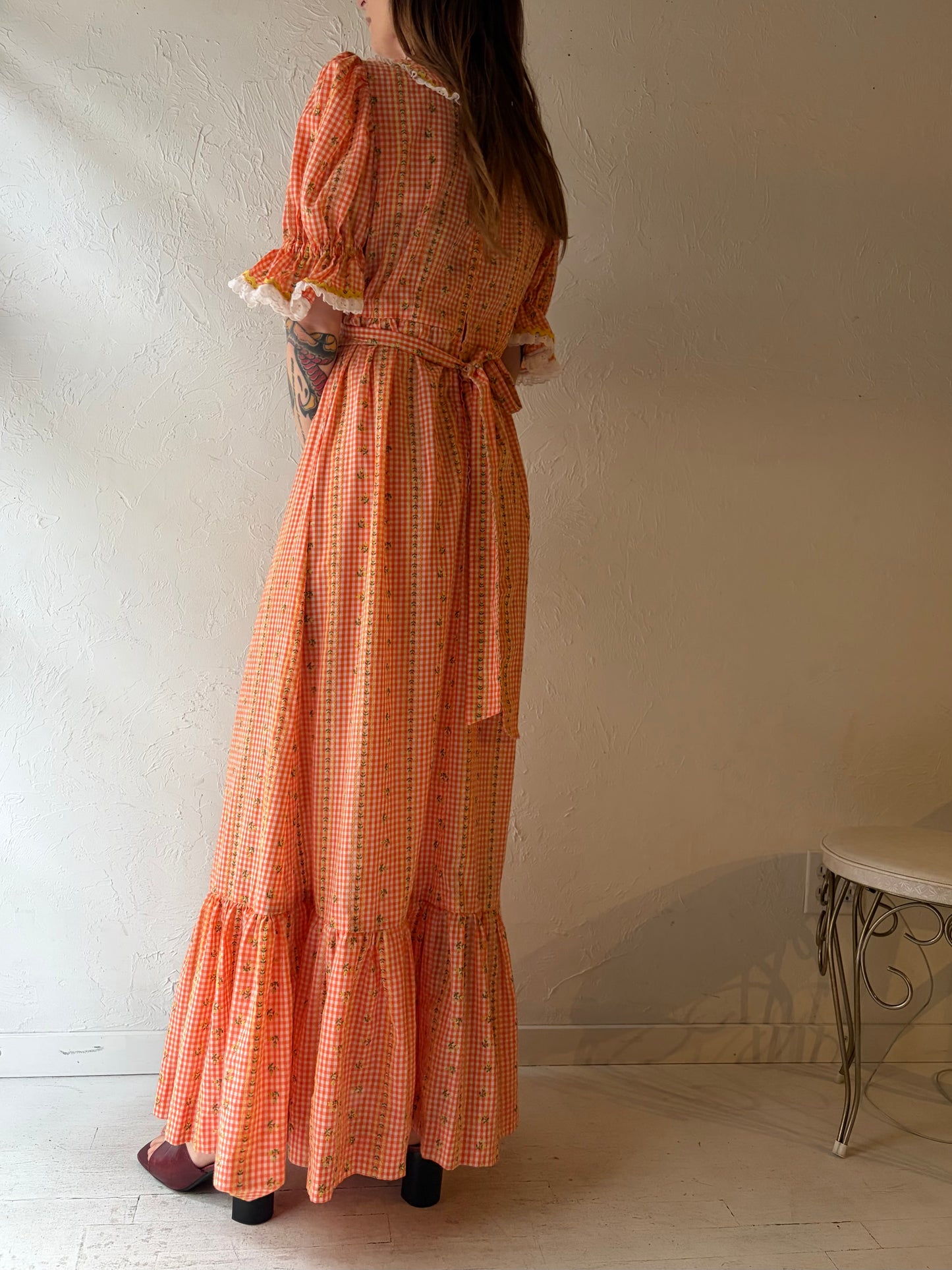 70s Handmade Orange Floral Cottage-core Prairie Style Summer Maxi Dress / Small