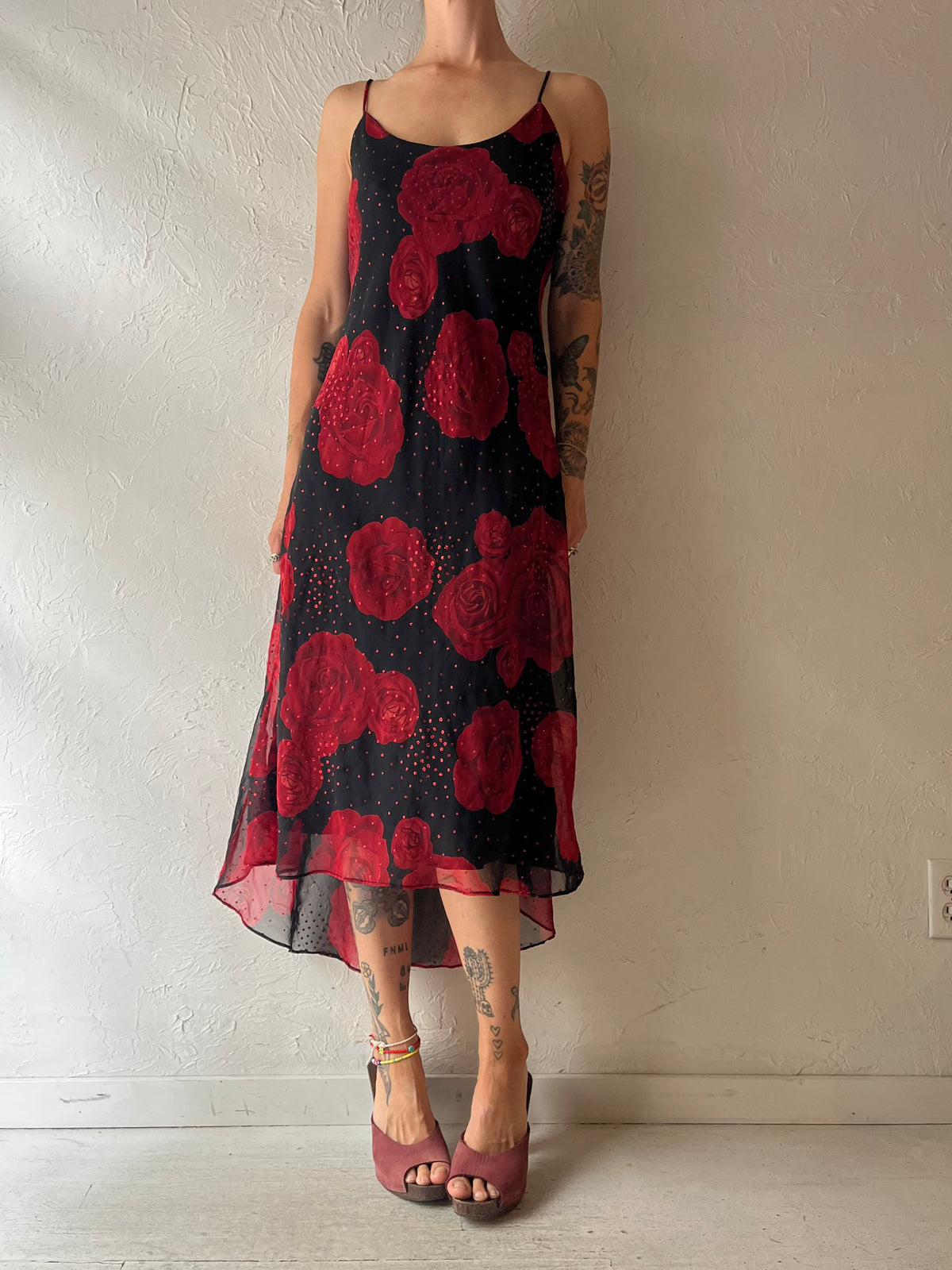 80s 'Fairweather' Black Red Rose Floral Romantic Goth Party Maxi Dress / Medium