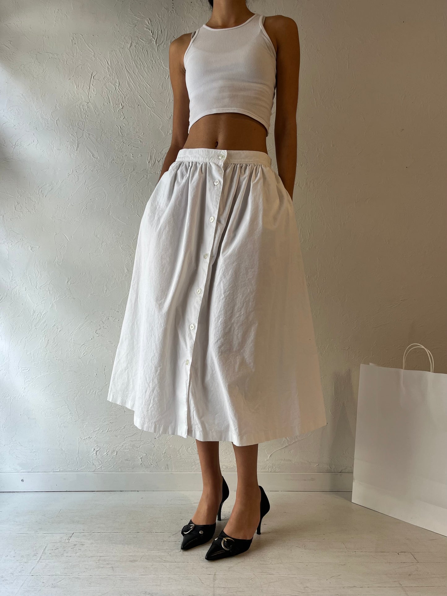 80s 'Sears' White Cotton Midi Skirt / Medium