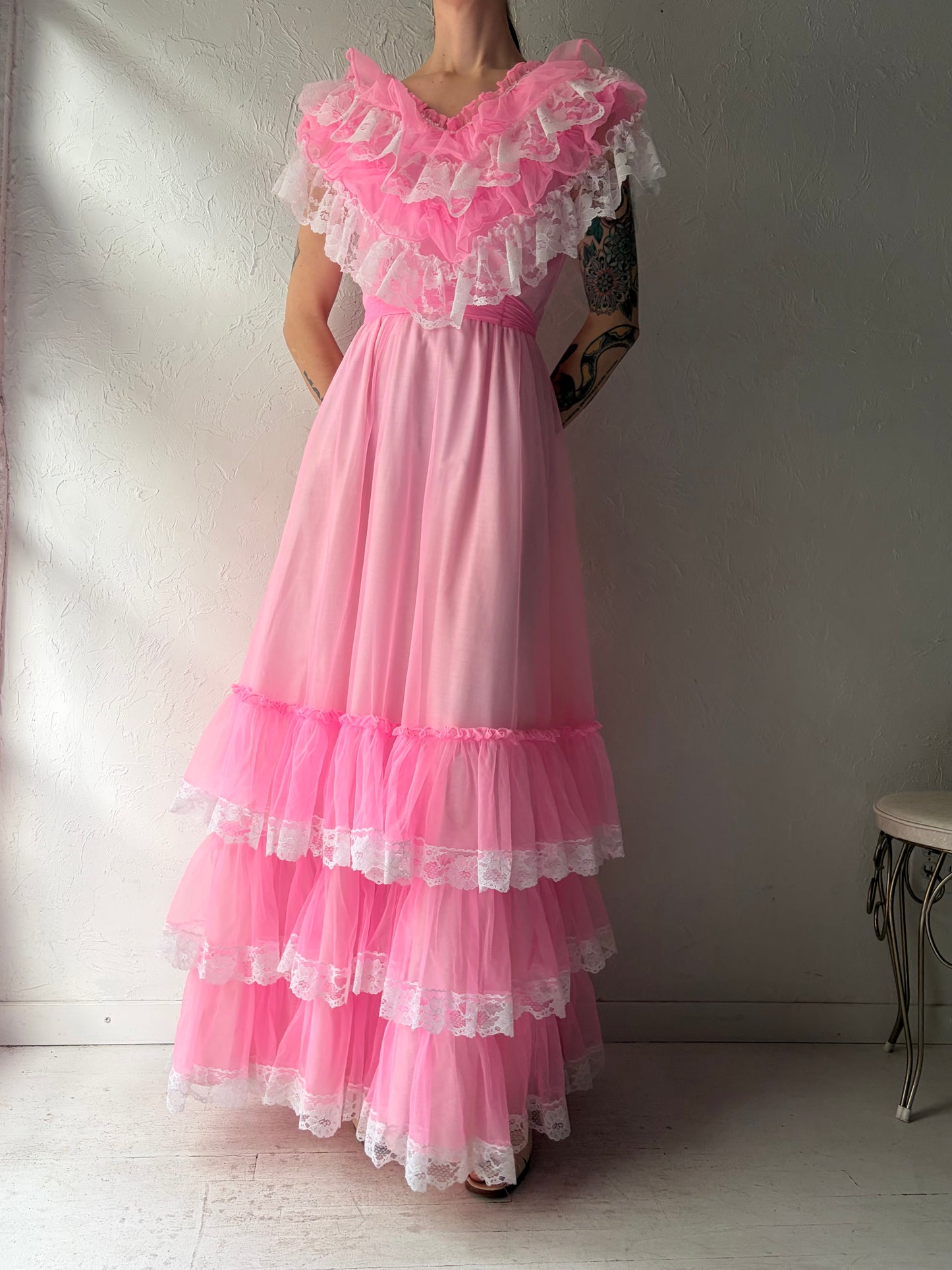 70s 'Petite Fashions' Pink Ruffle Formal Dress / Small