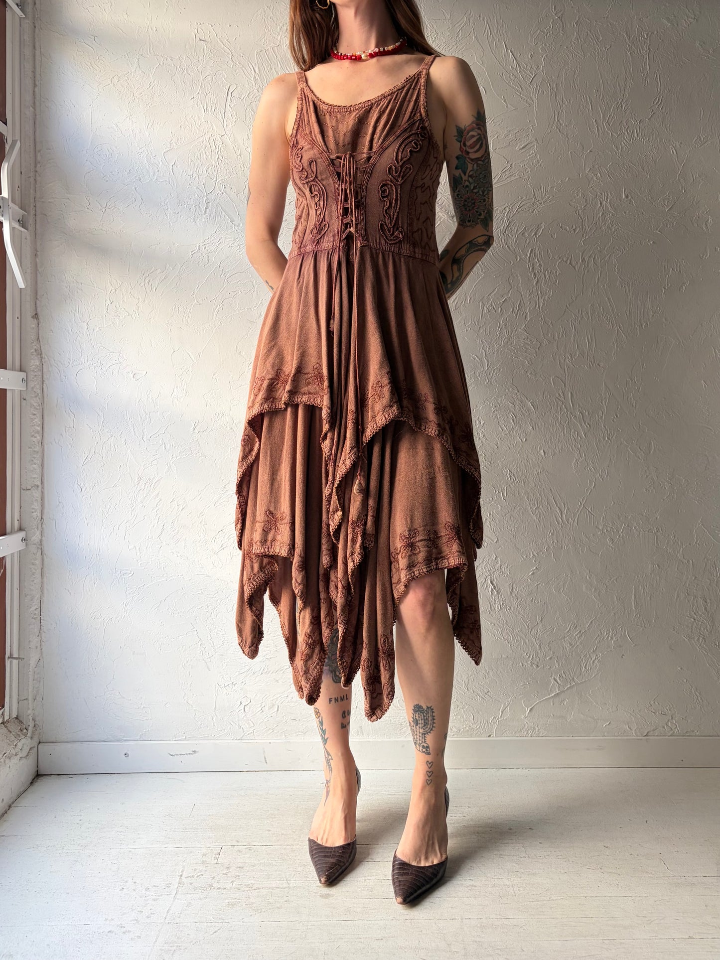 Y2k 'My Choice' Brown Fairycore Summer Dress / Vintage 2000s Boho Hippie Midi Dress / Small -Large