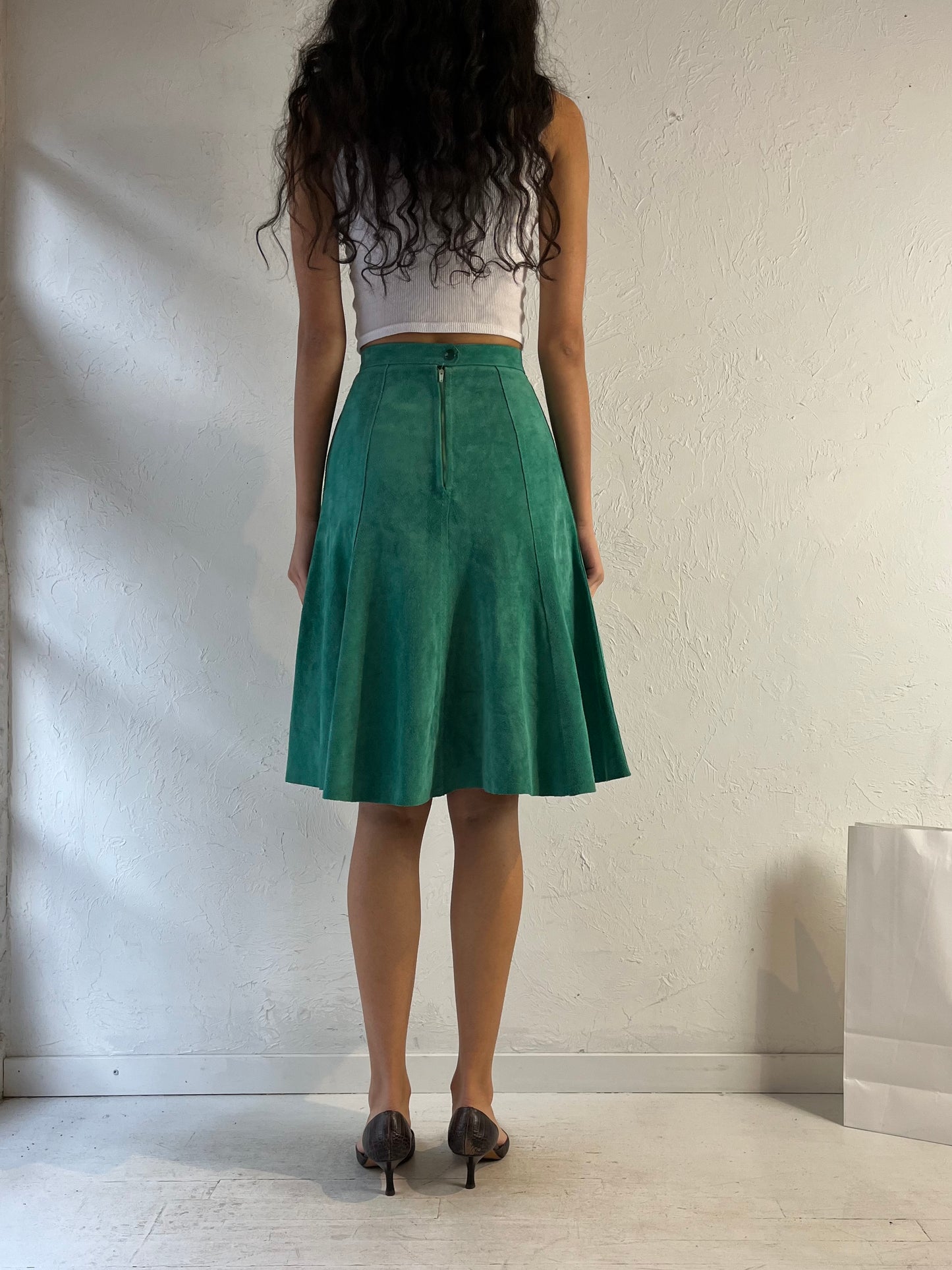 70s Green Suede Leather Midi Skirt / XS