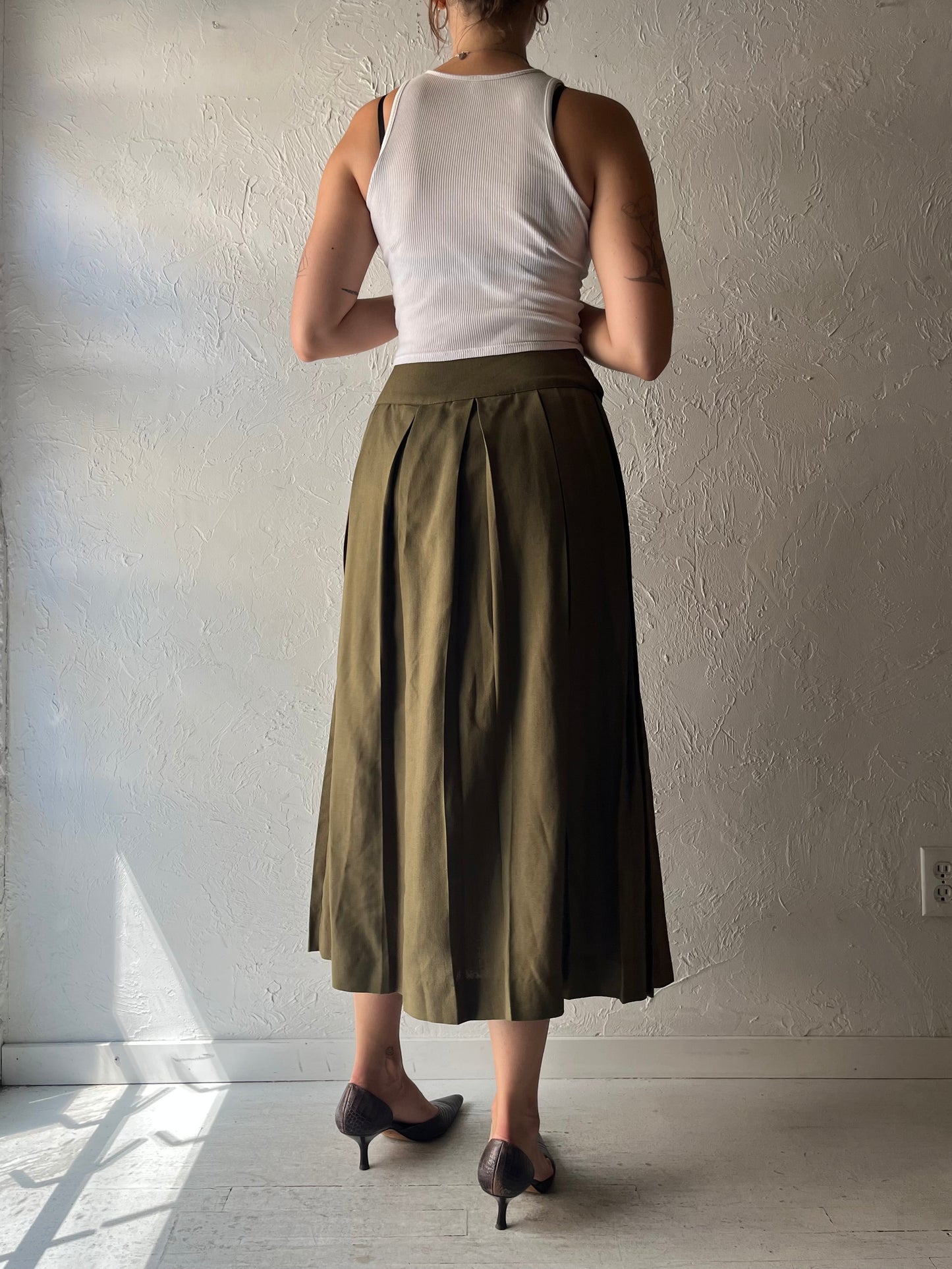 Vintage 'Regalia' Green Pleated Linen Viscose Skirt / Small