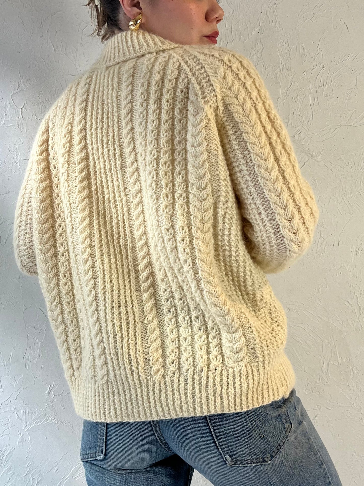 Vintage Hand Wool Knit Cream Cable Knit Sweater / Small - Medium