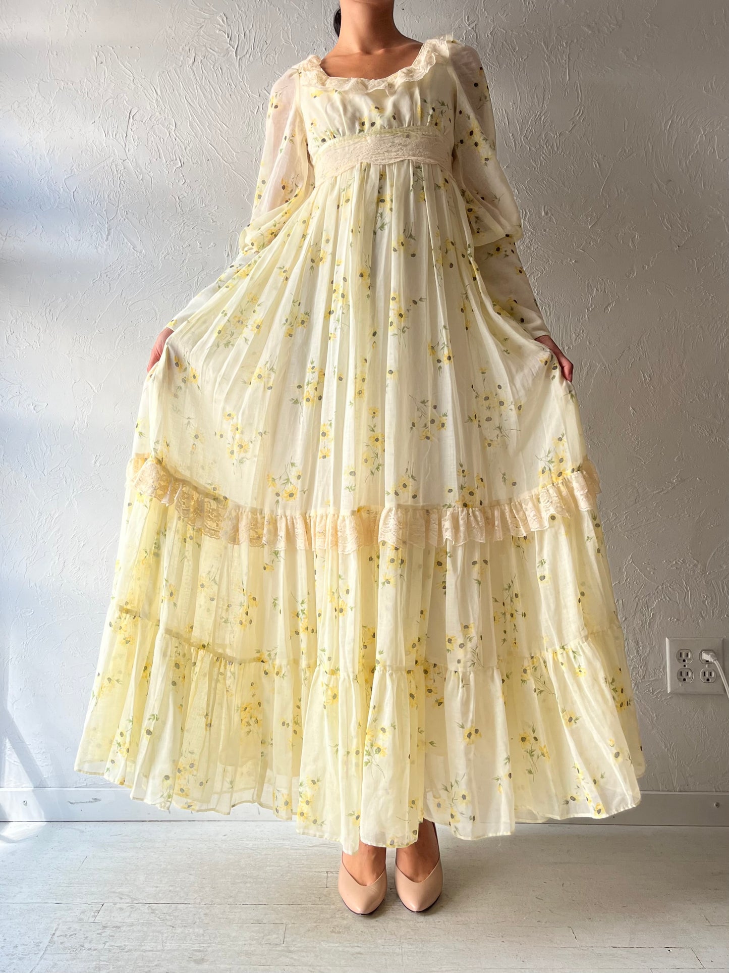 70s 'Shamash & Yofi Gunne Sax' Yellow Floral Long Sleeve Peasant Dress / Small
