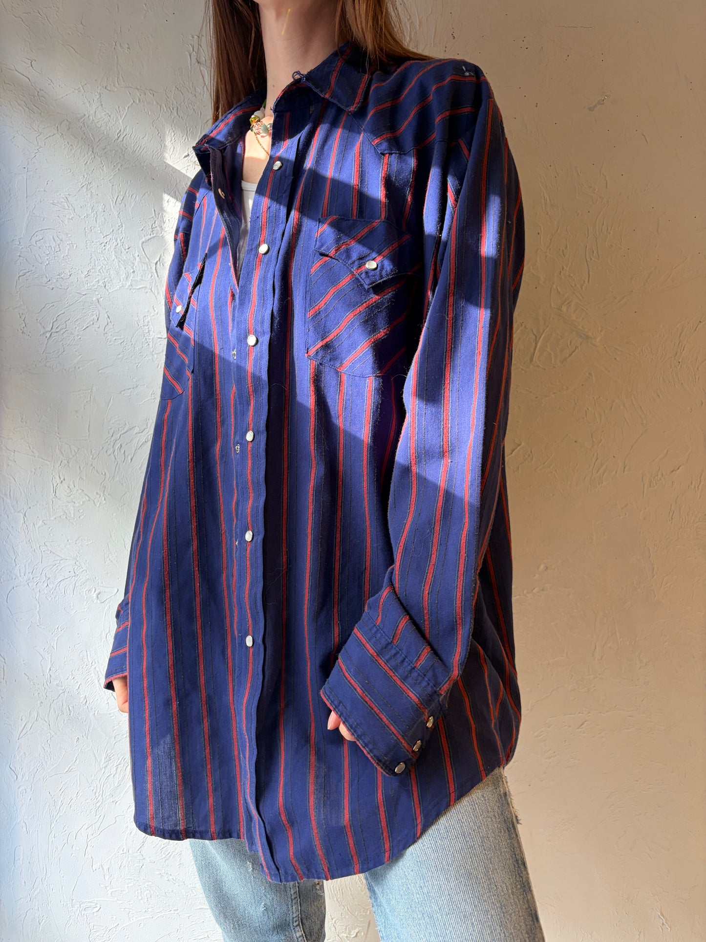 Y2k 'Western Craft' Blue Striped Snap up Western Shirt / Large