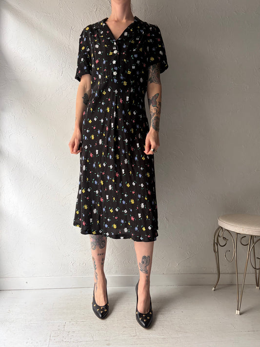 90s Black Floral Print Midi Dress / Small