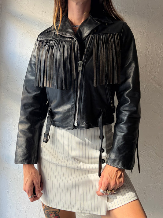90s 'All American Rider' Black Leather Fringe Moto Jacket / Small