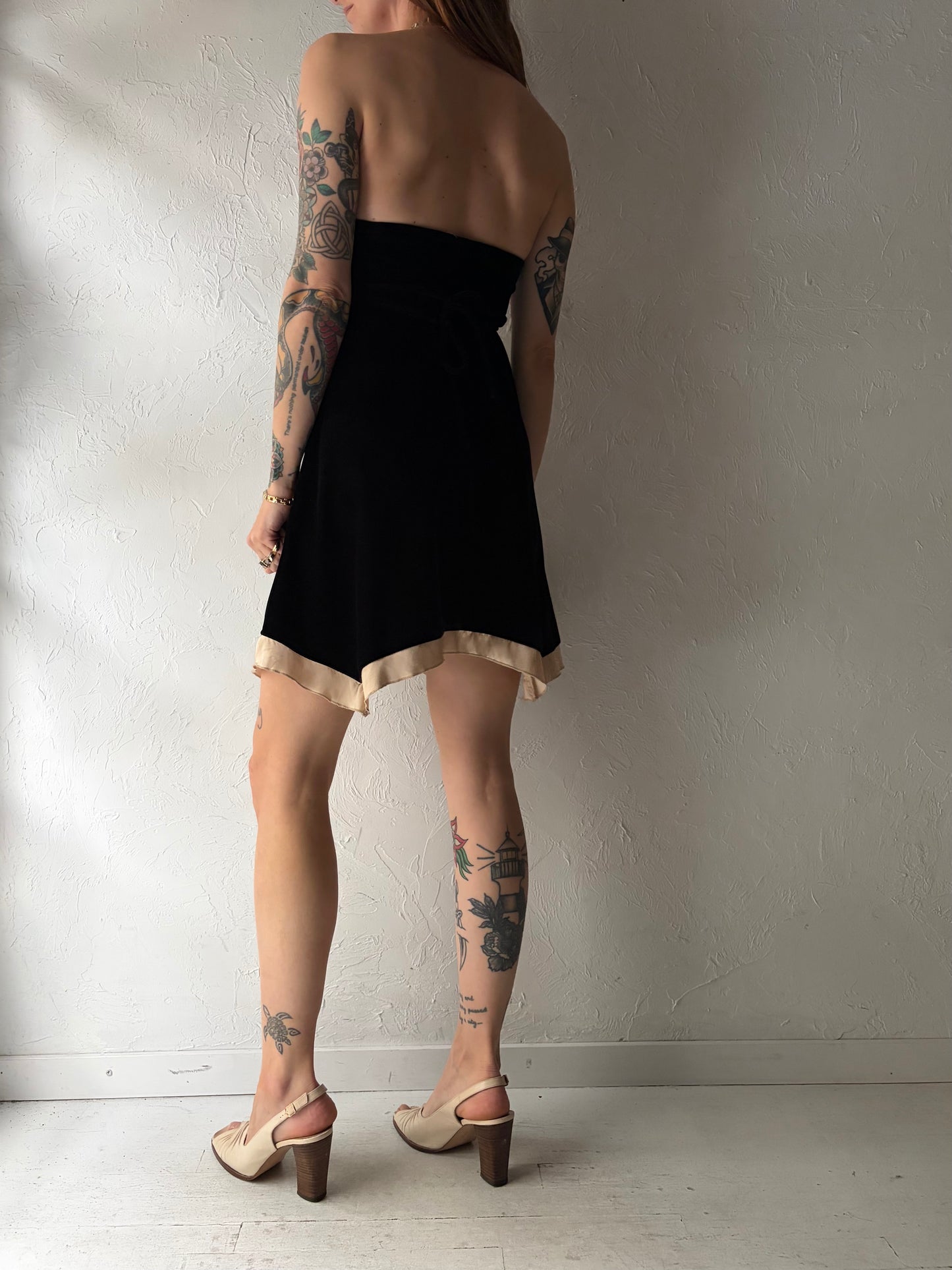 Y2k Black Velvet Halter Mini Dress / Vintage 2000s Gothic Party Dress / XS