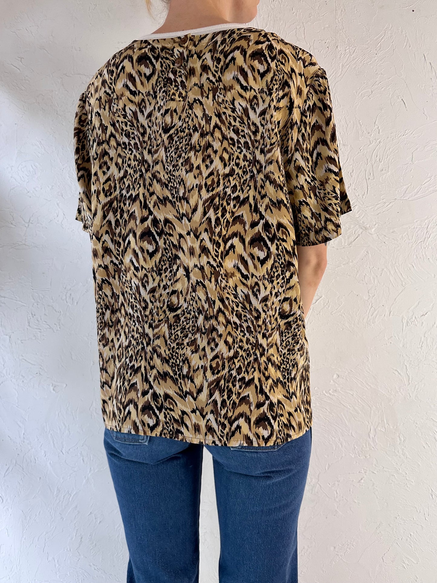 90s 'GB Studio' Leopard Print Silk Top / Large