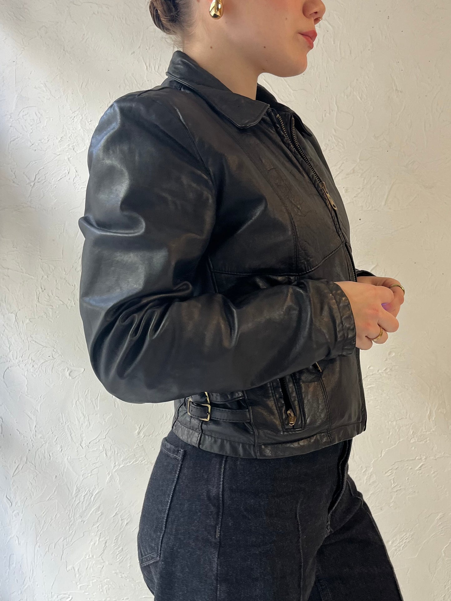 90s 'Group 5 Leathers' Harley Davidson Black Leather Jacket / Small