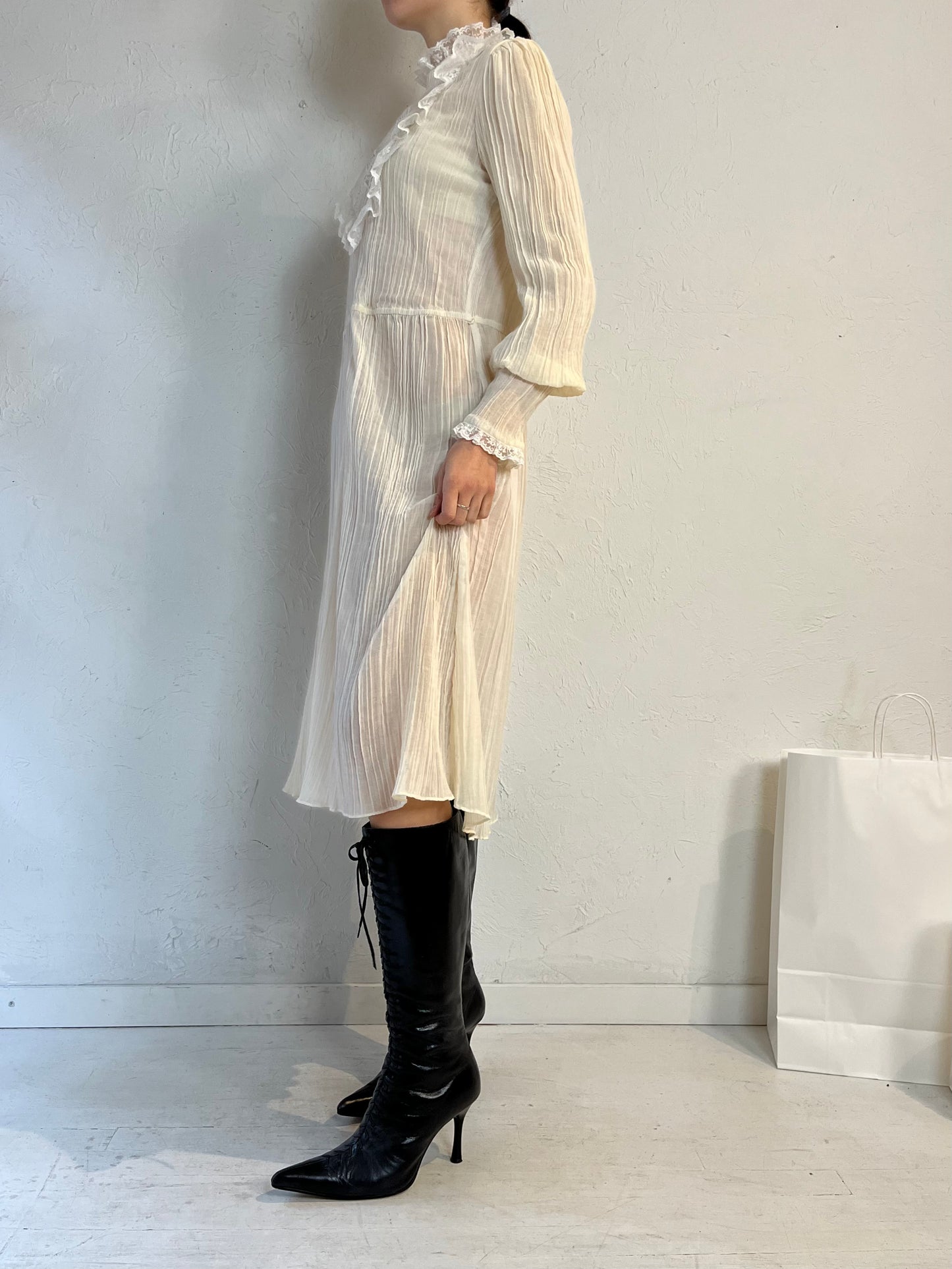 70s 'Encore' Cream Long Sleeve Dress / Small