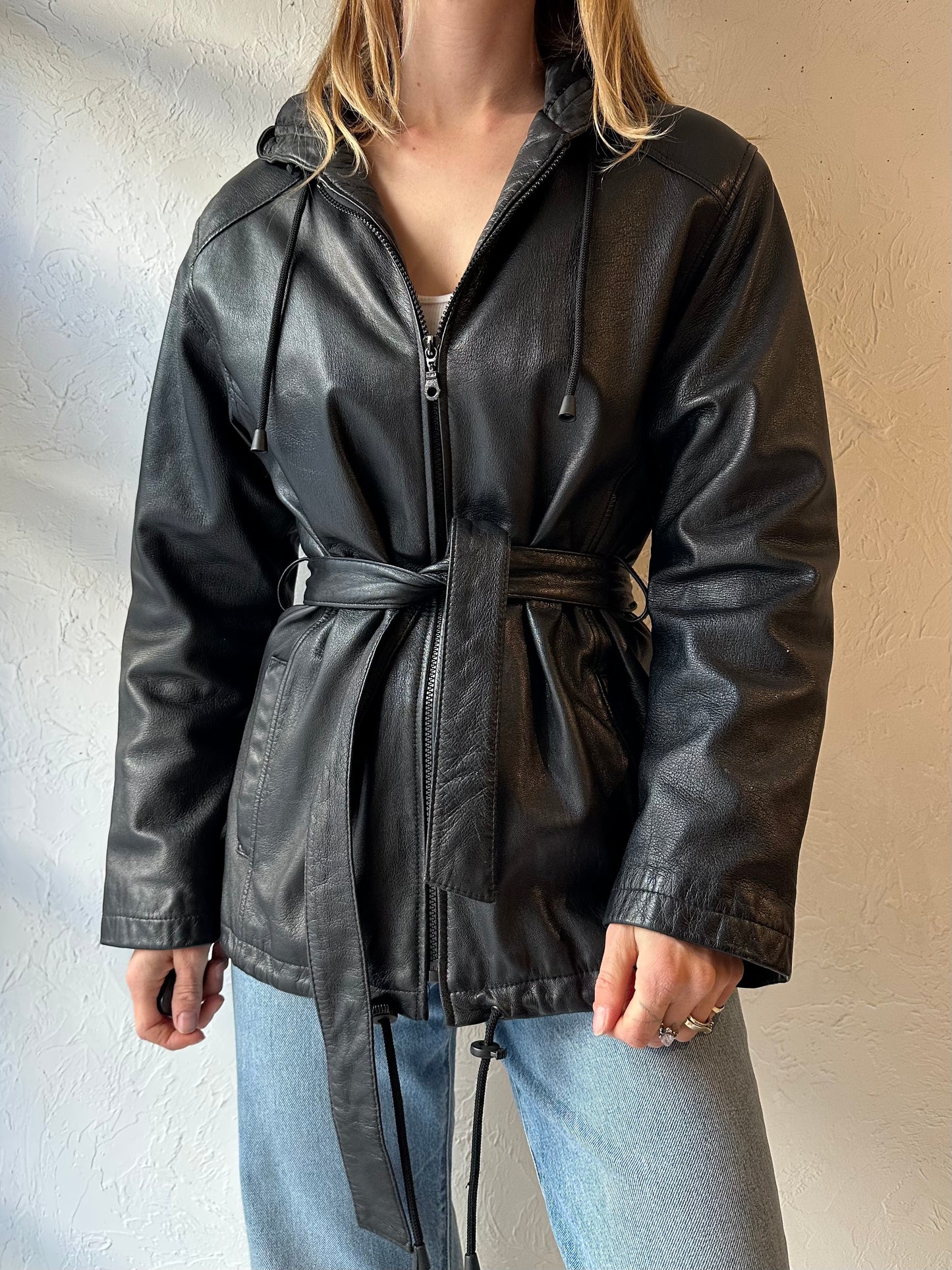 90s ‘Pelle’ Black Leather Hooded Jacket / Medium