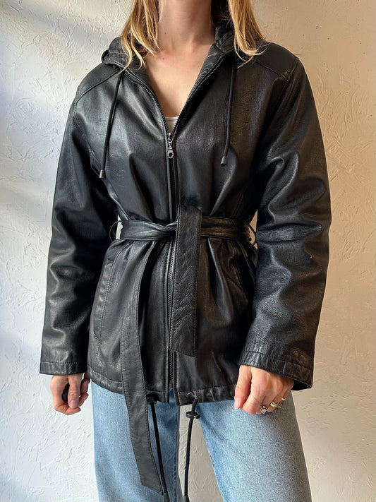 90s ‘Pelle’ Black Leather Hooded Jacket / Medium