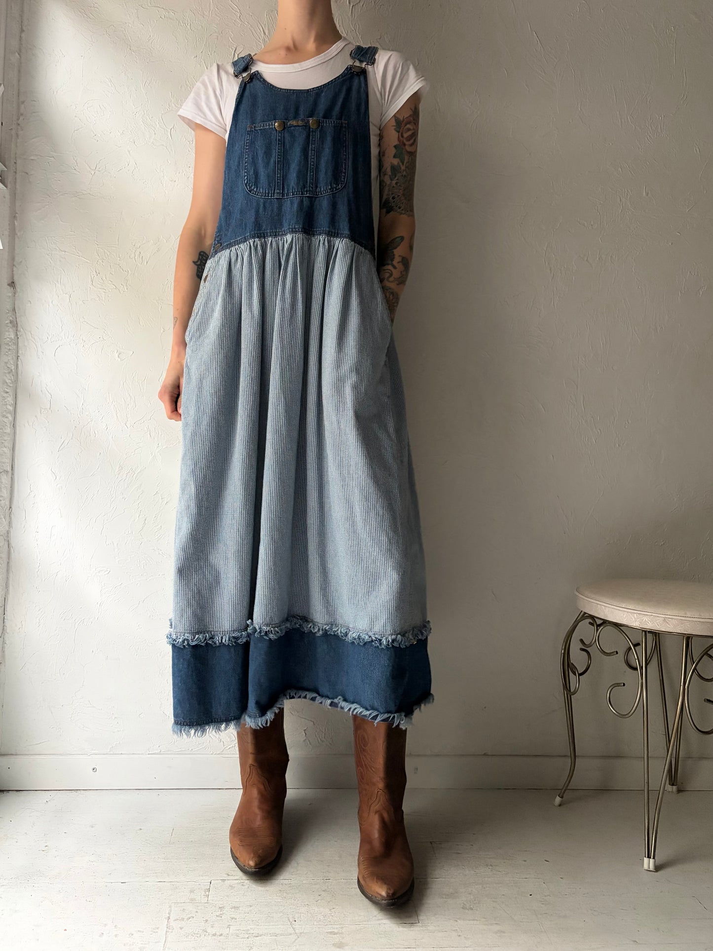 90s 'Marithe & Francois Girbaud' Denim Overall Midi Dress / Medium