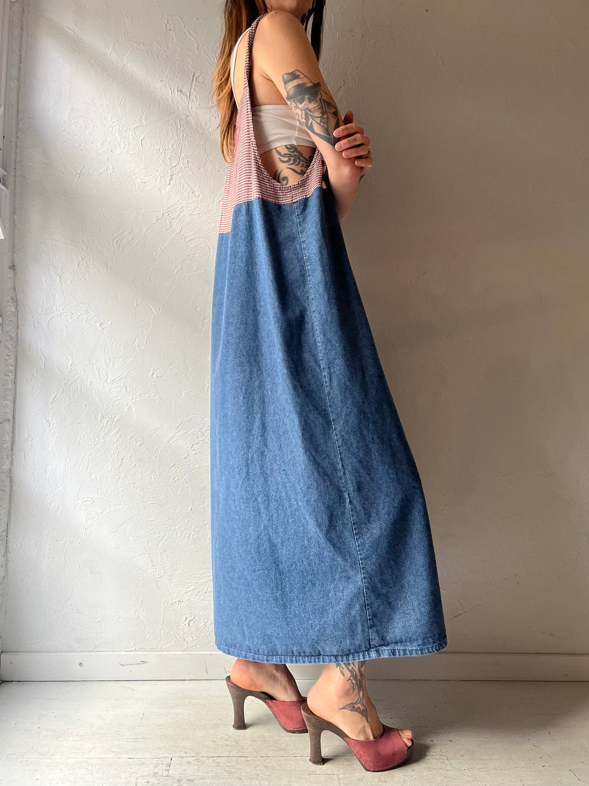 Y2k 'Teddi' Denim Gingham Pinafore Cottagecore Country Patchwork Summer Dress / Medium