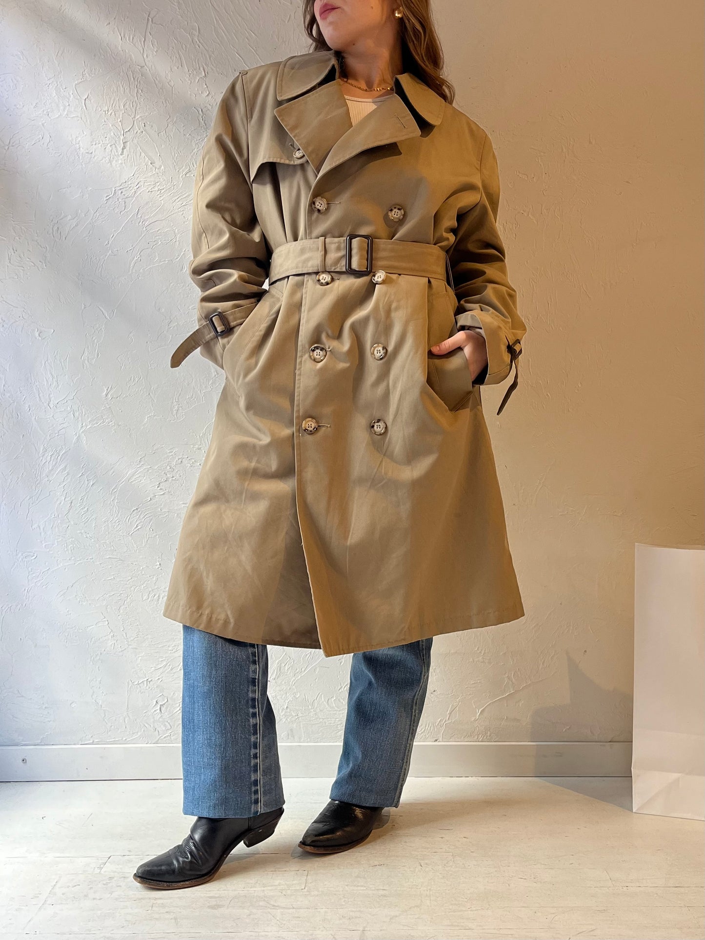 90s 'Clipper Mist London Town' Beige Faux Fur Lined Trench Coat / Medium