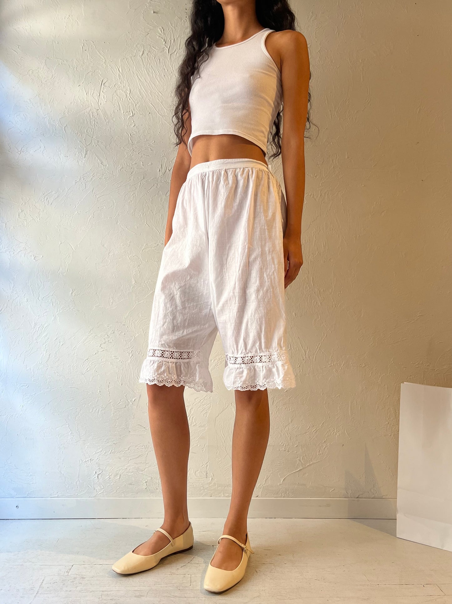 Vintage Handmade White Cotton Bloomer Shorts / Small