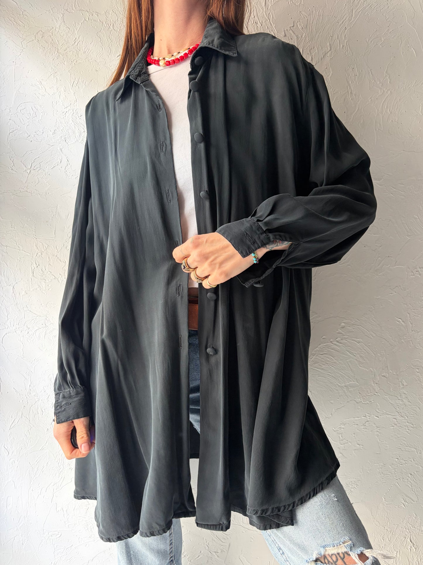 90s 'Nygard' Black Oversized Silk Shirt / Small - Medium