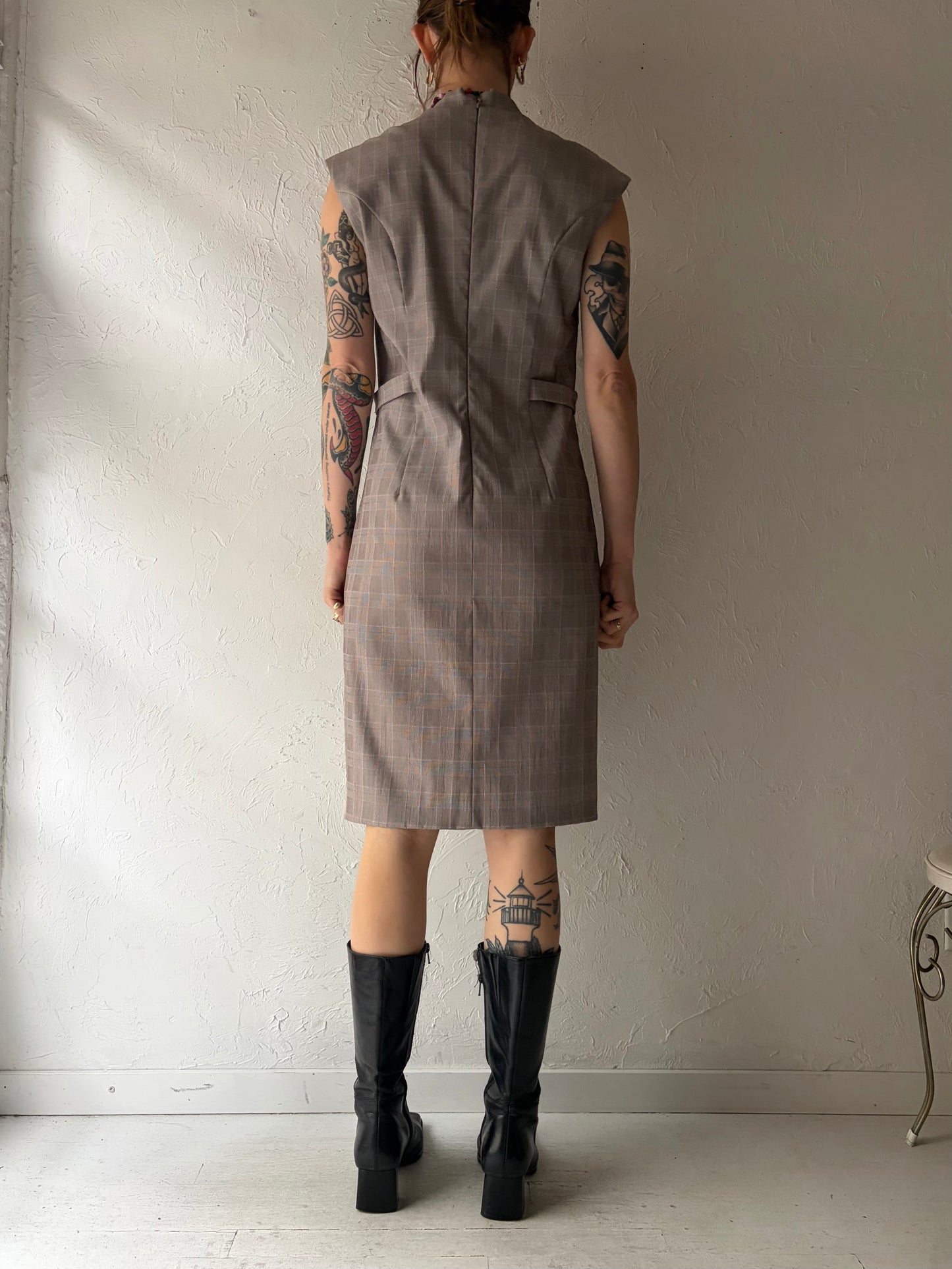 Y2k 'Le Chateau' Grey & Pink Plaid Preppy Academia Dress / Vintage 2000s Retro Office Wear Midi Dress / Medium