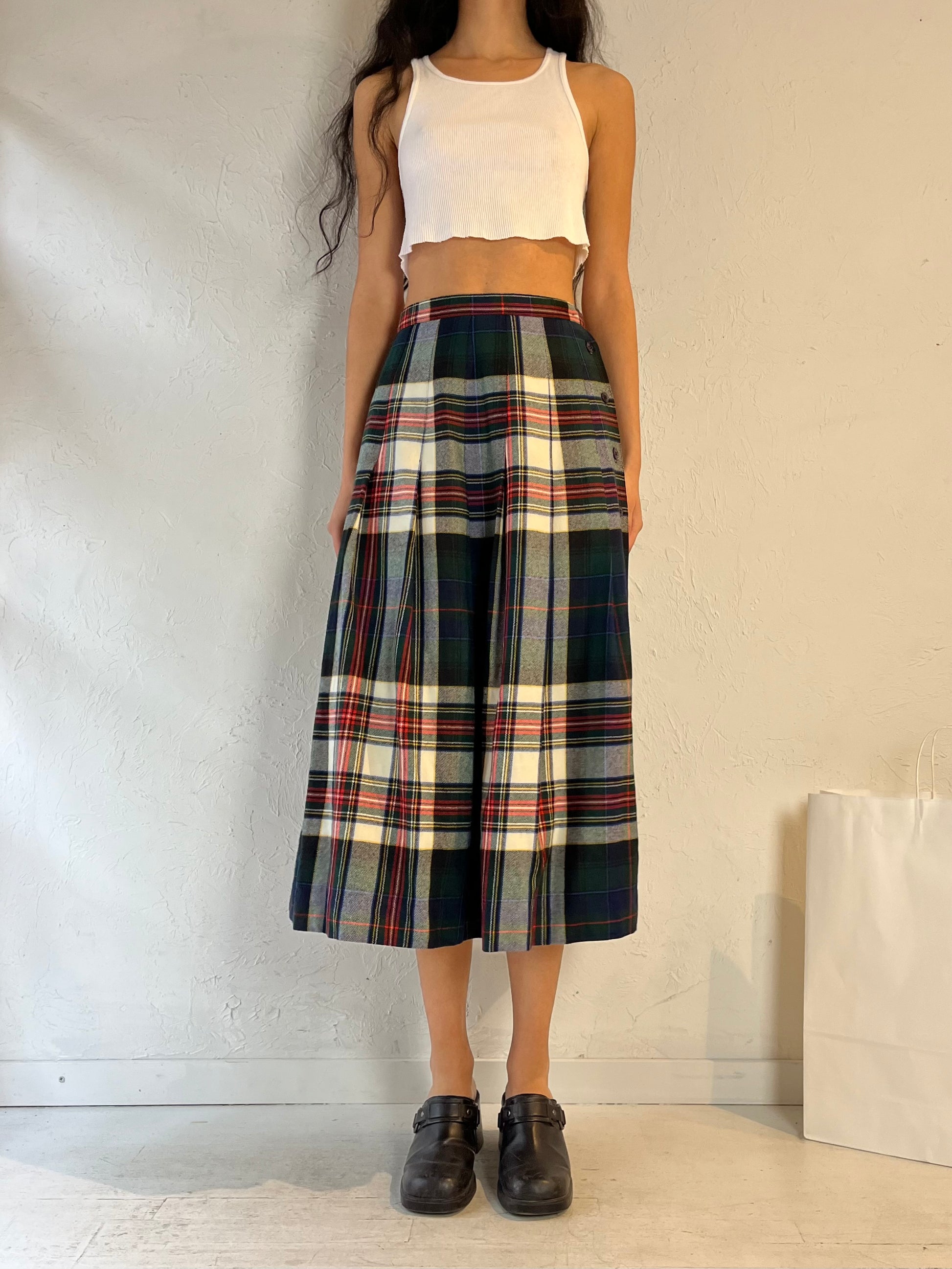 80s ‘Tica’ Plaid Wool Pleated Midi Skirt / Small