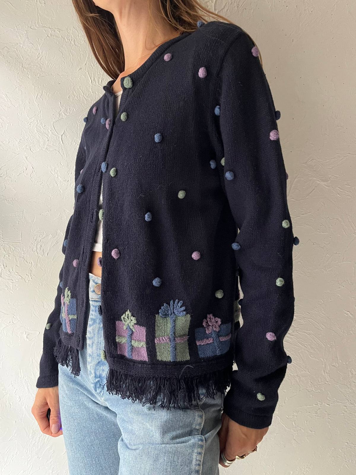 Y2k 'Christopher & Banks' Navy Gift Box Embroidered Whimsical Grannycore Christmas Cardigan Sweater / Medium