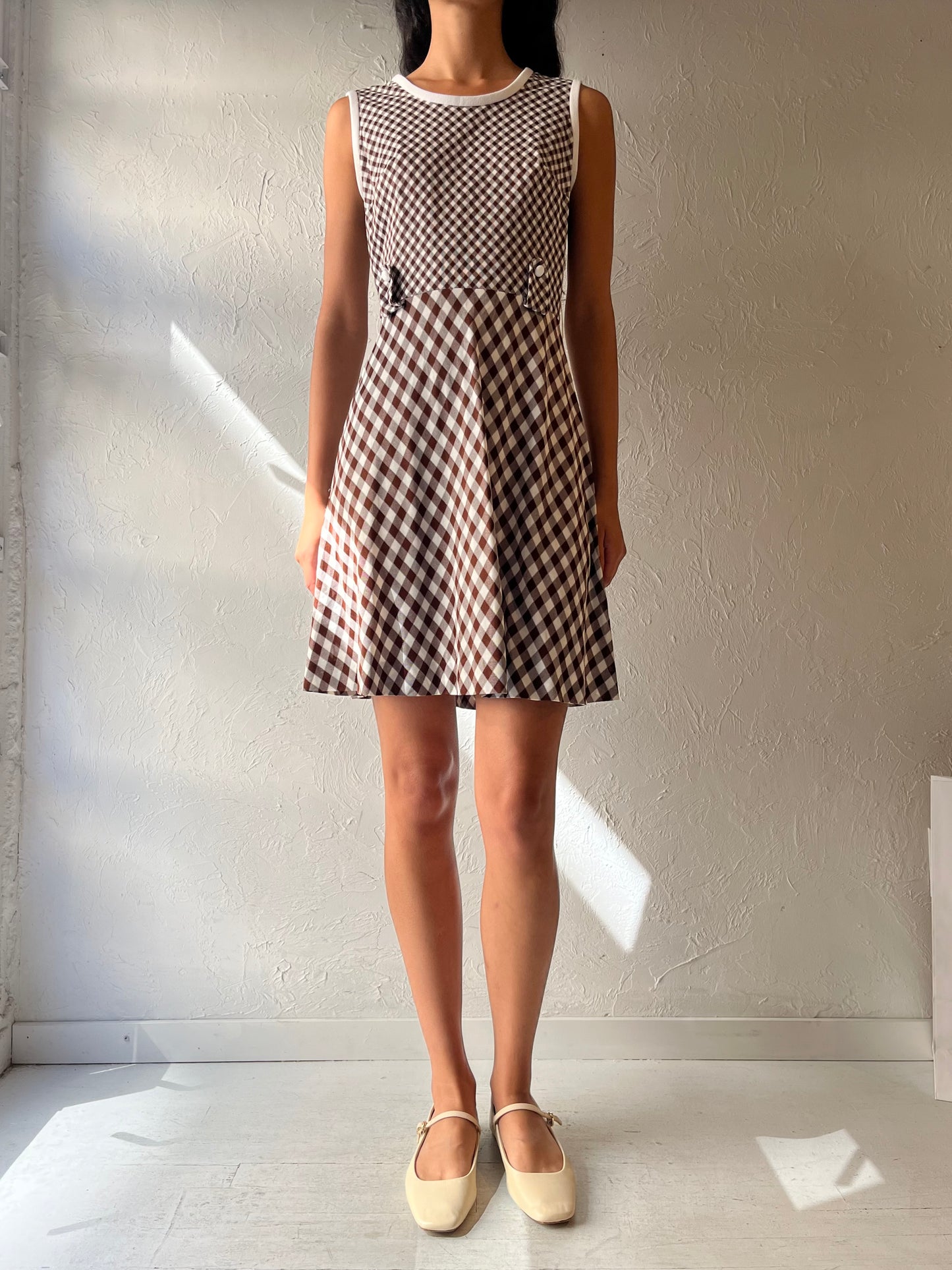 70s Brown Gingham Midi Dress / Union Made / Small