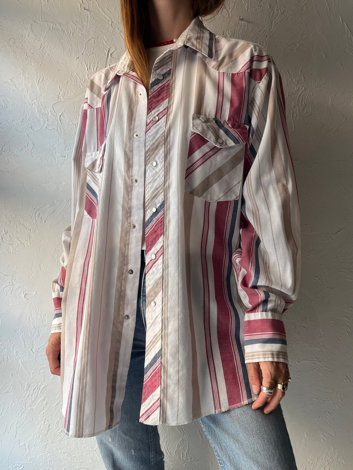 90s 'Wrangler' Light Weight Striped Pearl Snap Western Shirt / XL