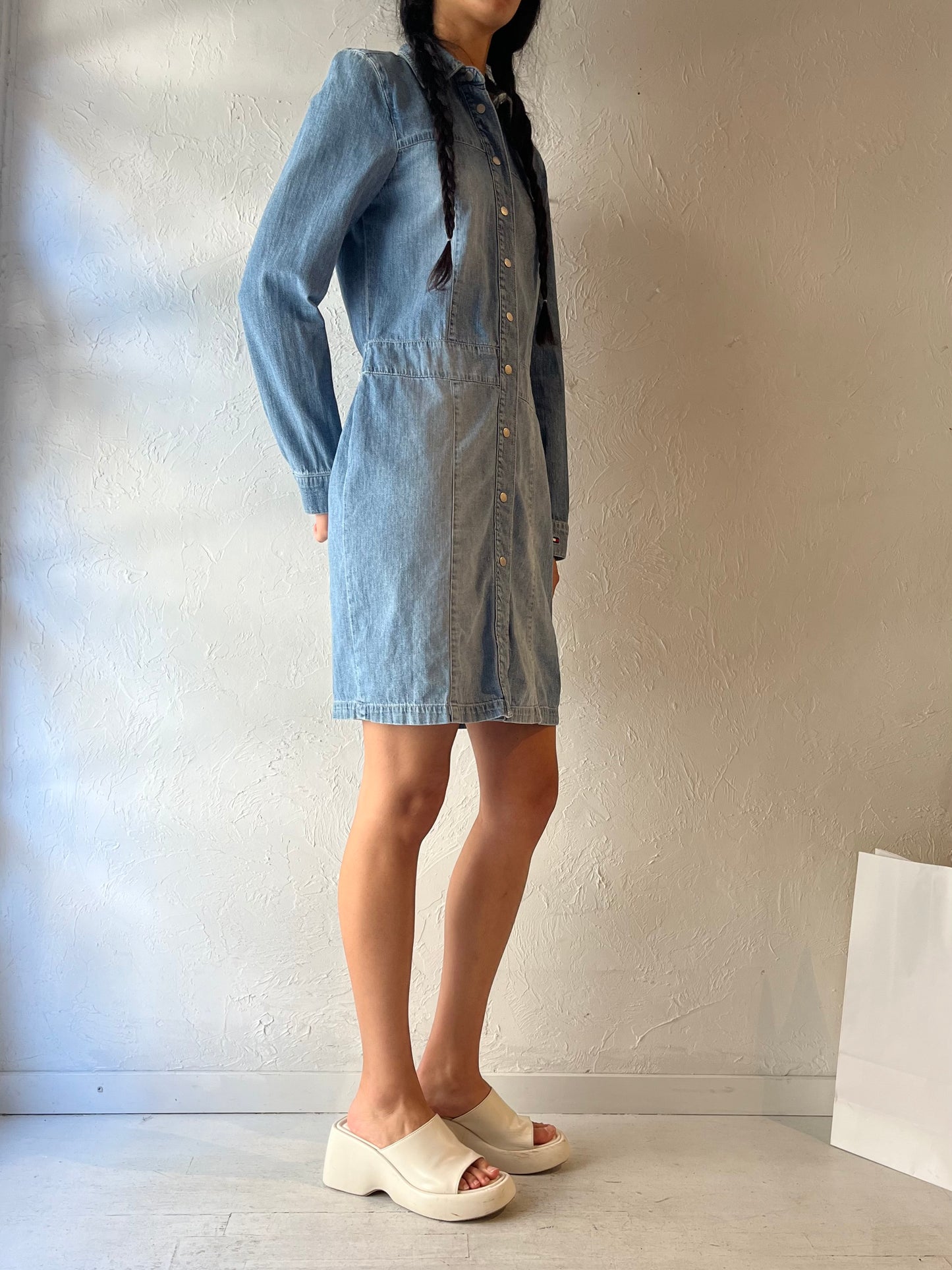 Y2k 'Tommy Hilfiger' Long Sleeve Denim Mini Dress / Small