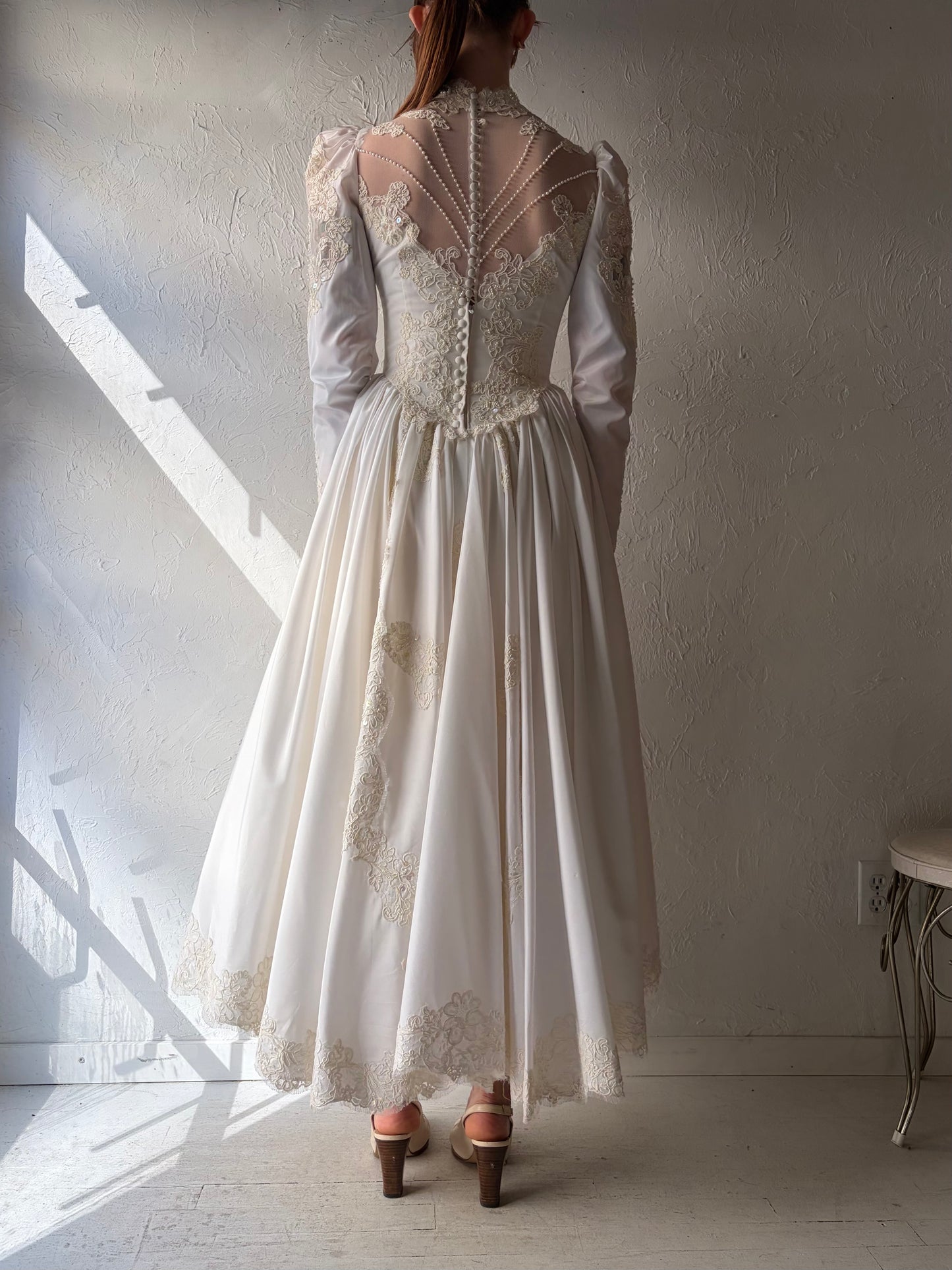 1980s White Long Sleeve Tea Length Wedding Dress / Small