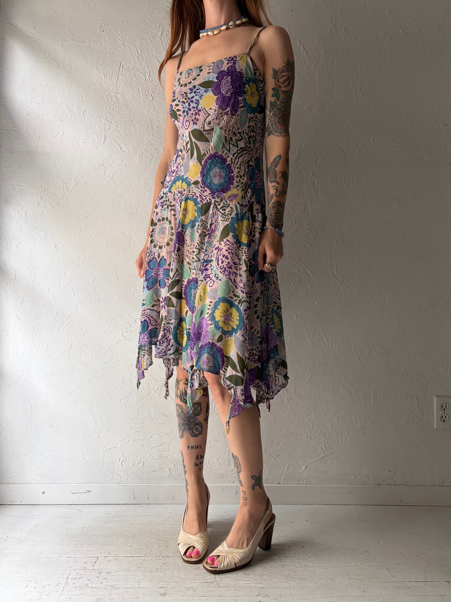 Y2k 'Eva Blue' Beaded Floral Print Midi Dress / Medium