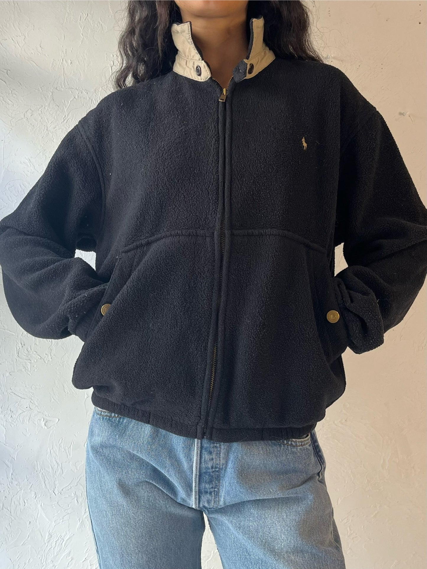 90s 'Ralph Lauren' Black Zip Up Fleece / Medium