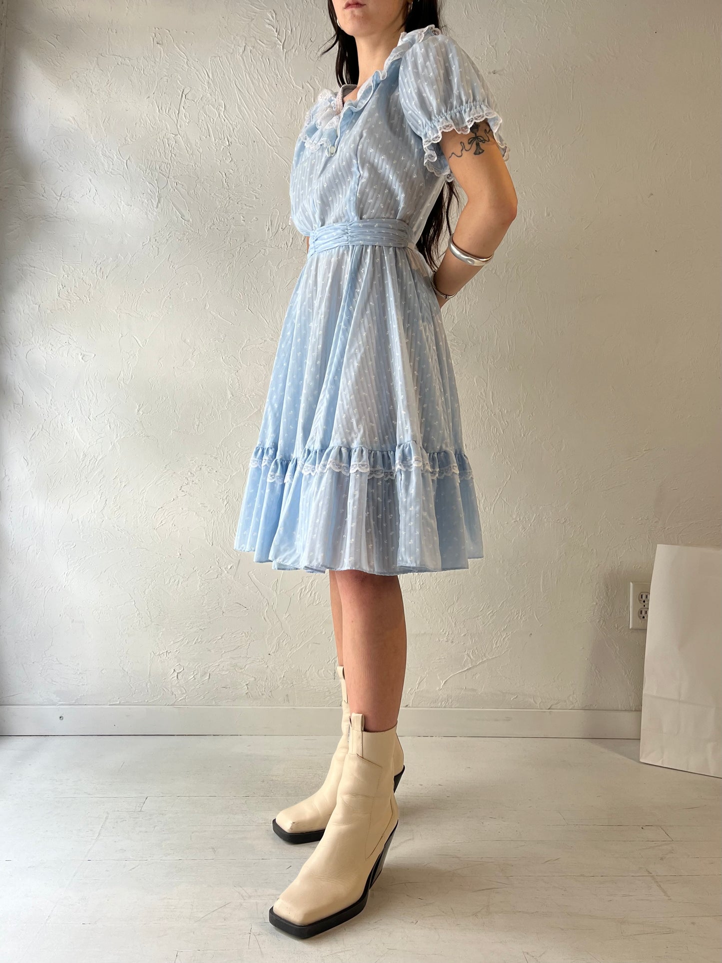 Vintage Handmade Blue Puff Sleeve Prairie Dress / Small