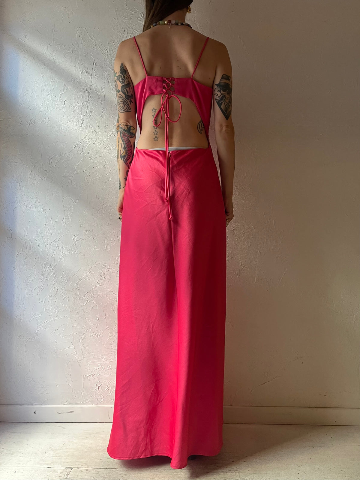 90s 'Be Smart" Hot Pink Minimalist Formal Maxi Party Prom Dress / Small