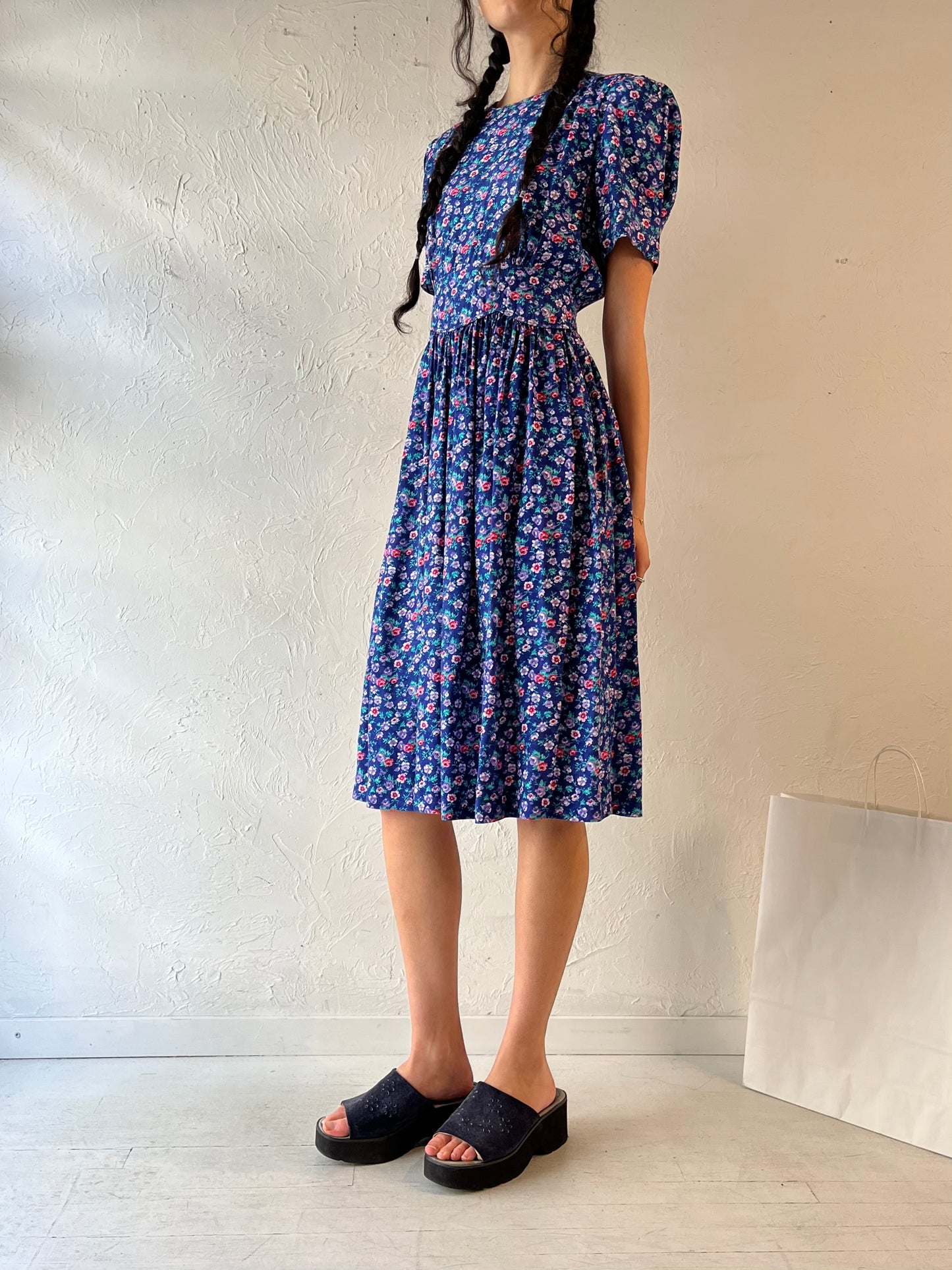 90s ‘Karin Stevens’ Blue Floral Midi Dress / Medium