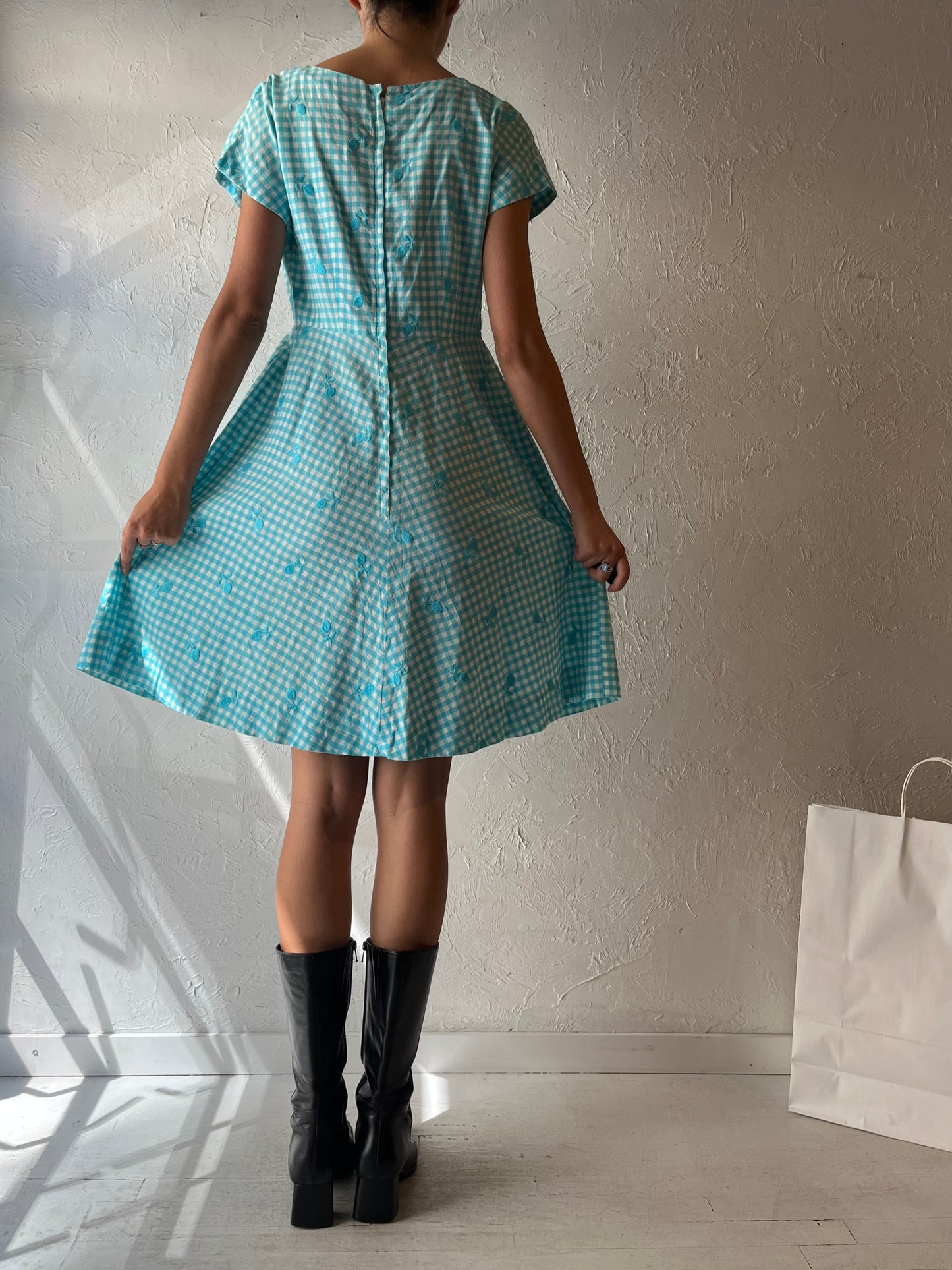 60s Handmade Blue Gingham Dress / Small
